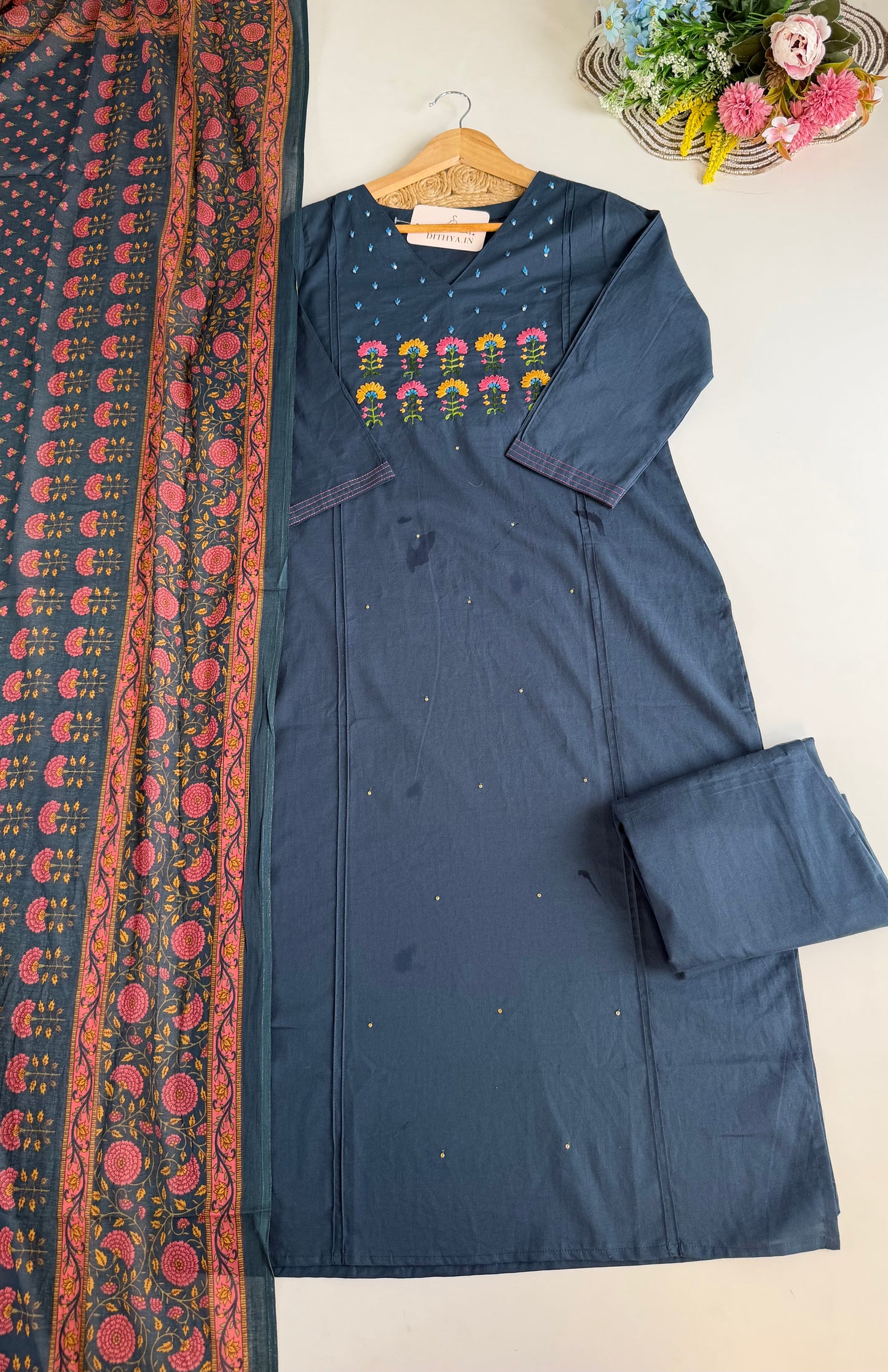 K645 - Mul cotton embroidered straight Kurti with pants and dupatta