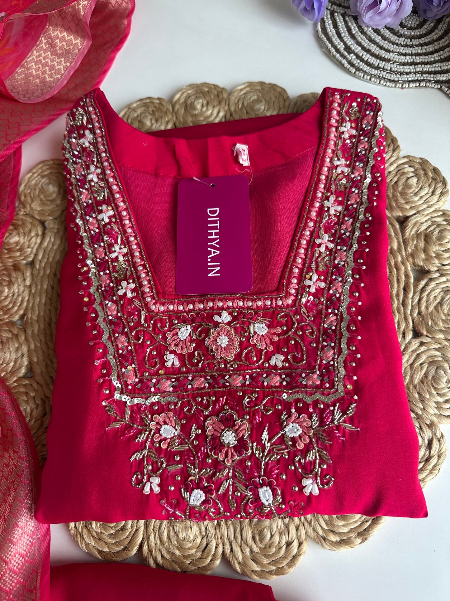 K110 - Roman silk handwork straight Kurti with pants and dupatta