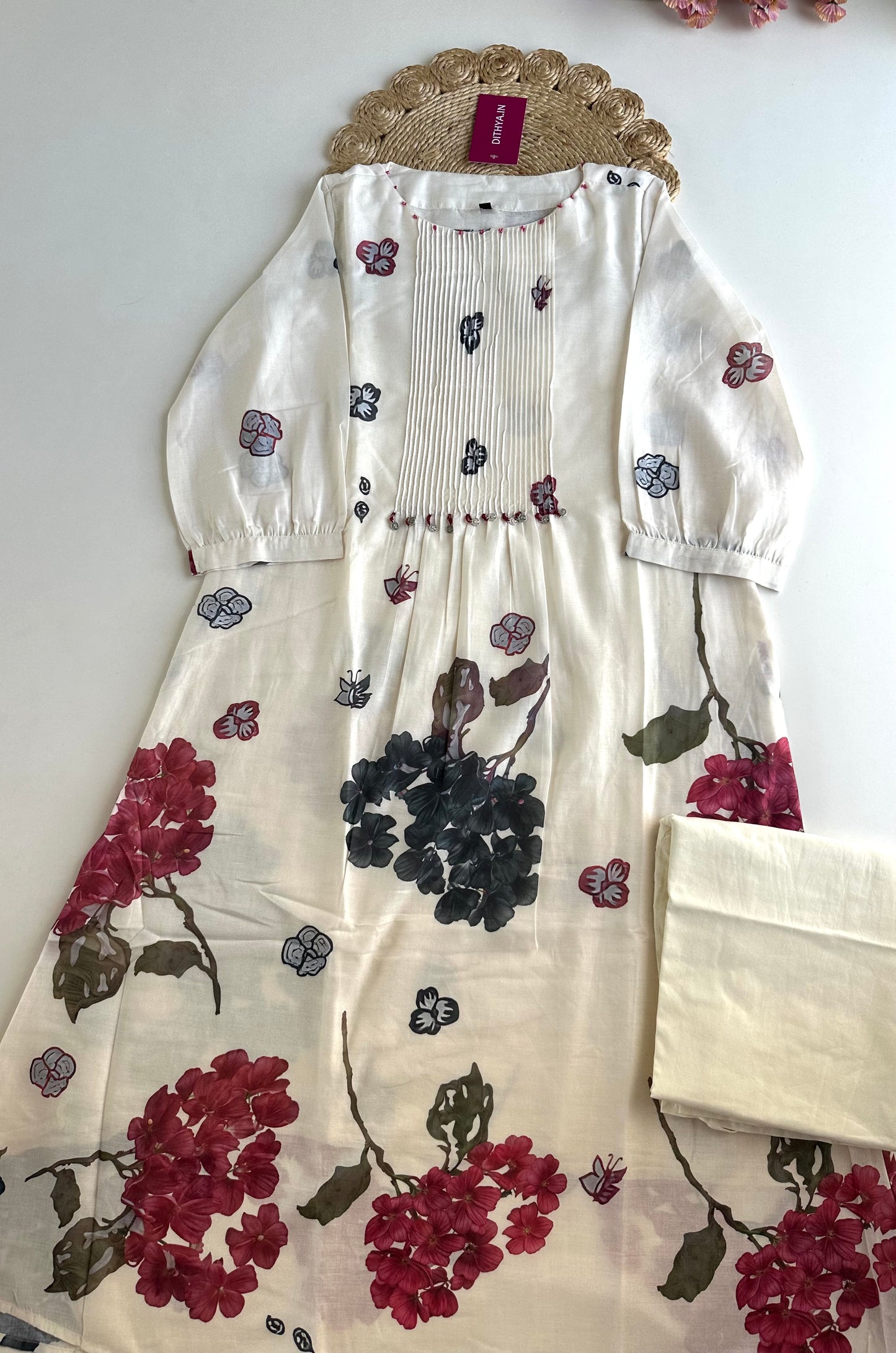 K112 - Floral pintex mul cotton Aline Kurti with pants