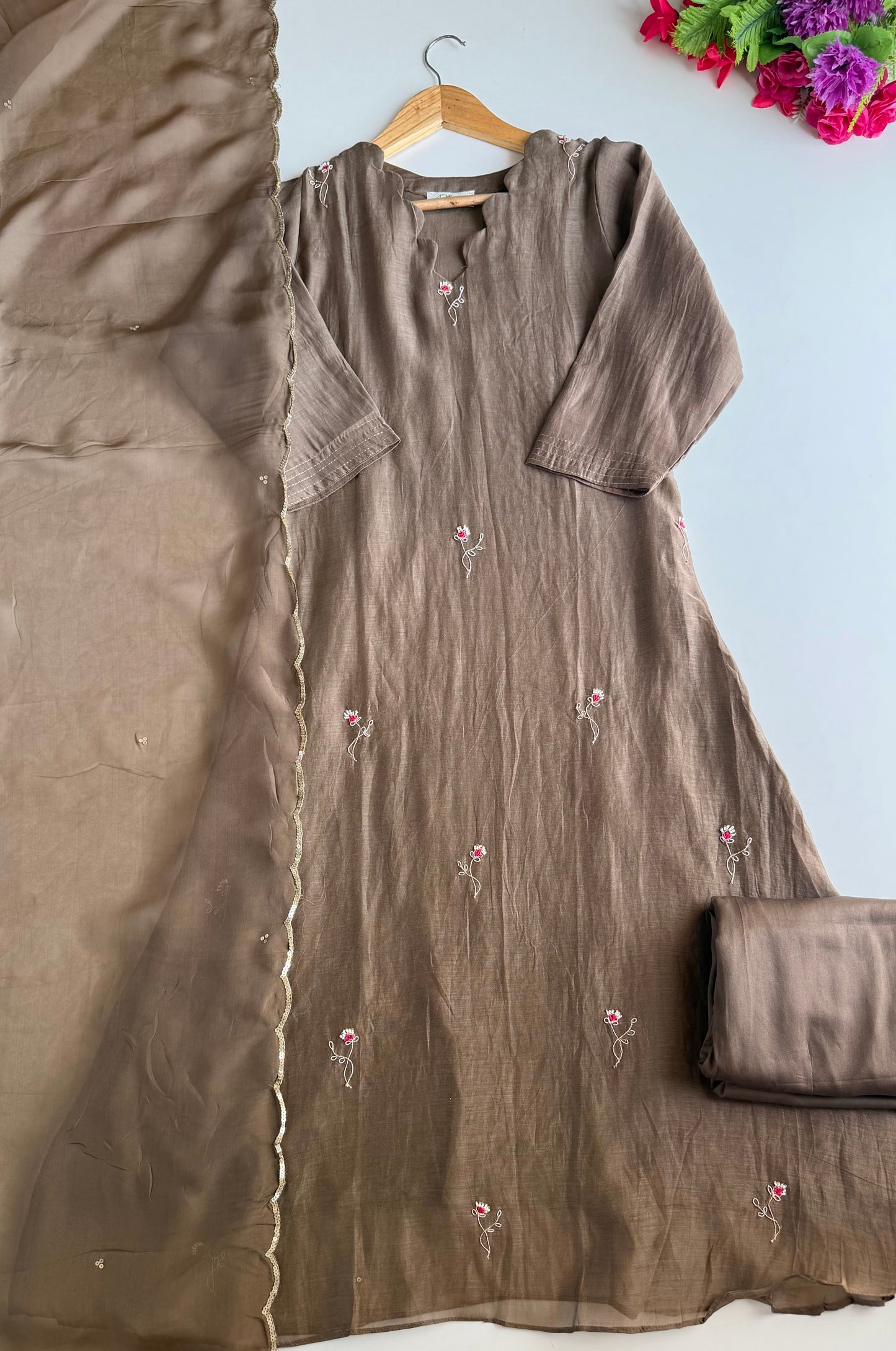 K469 - Mul chanderi handwork Aline Kurti with pants and dupatta in 2 colours