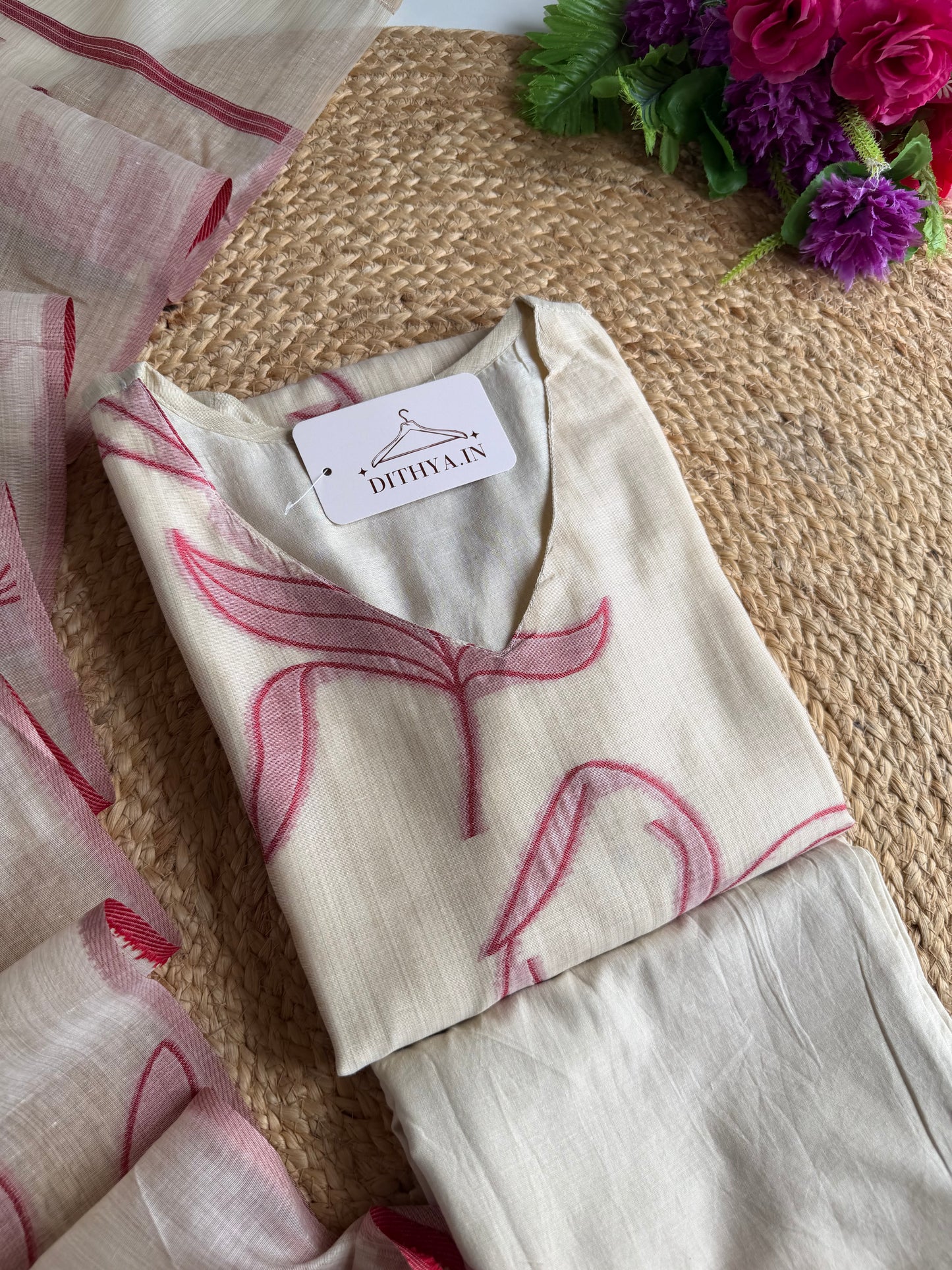K672 - Chanderi silk floral weaving straight Kurti with pants and dupatta