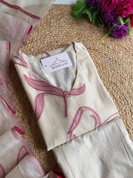 K672 - Chanderi silk floral weaving straight Kurti with pants and dupatta