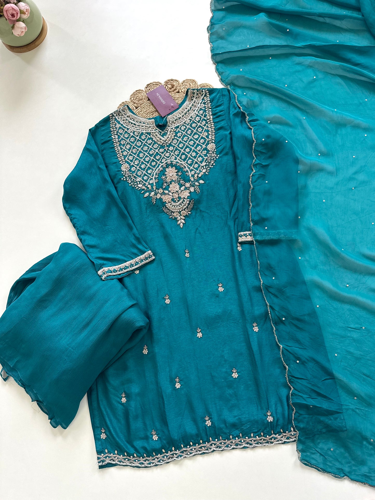 K251 - Russian silk Handwork Short kurti with sharara and dupatta .