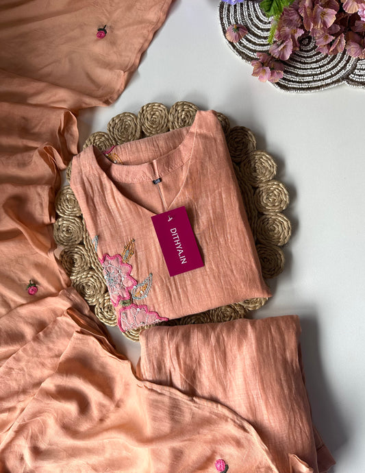 K133 - Mul chanderi embroidered short Kurti with palazzo and dupatta