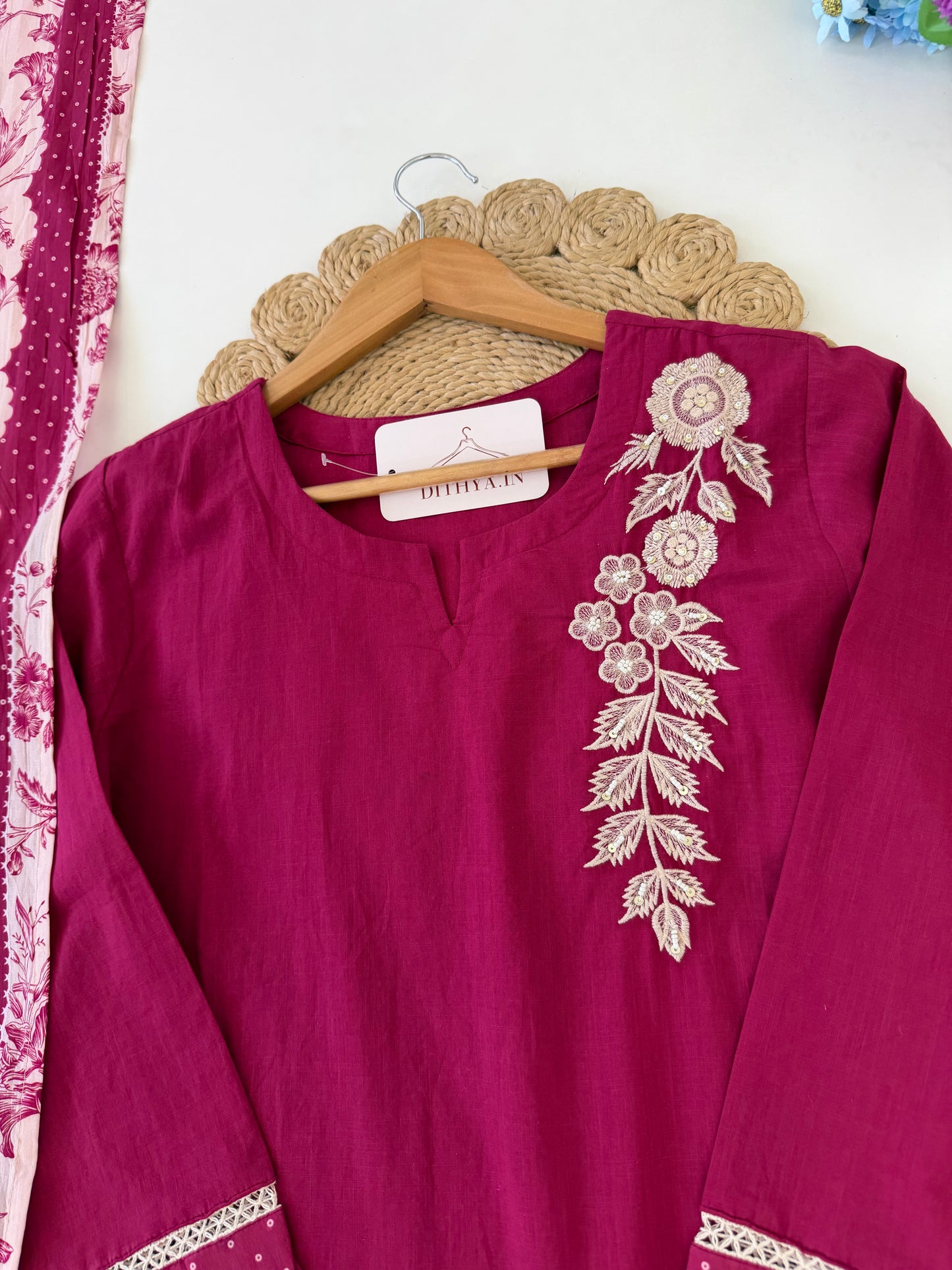 K594 - Mul cotton embroidered straight Kurti with pants and dupatta