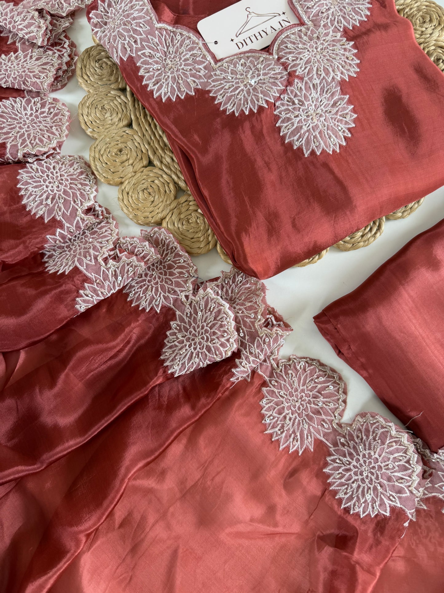 K467 - Pure Ho silk handwork aline Kurti with pants and dupatta