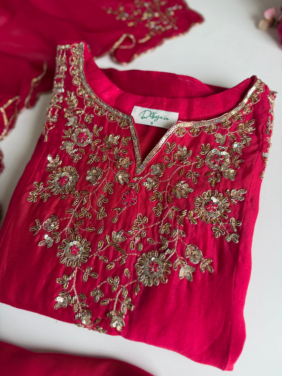 K625 - Mul chanderi handwork aline Kurti with pants and dupatta