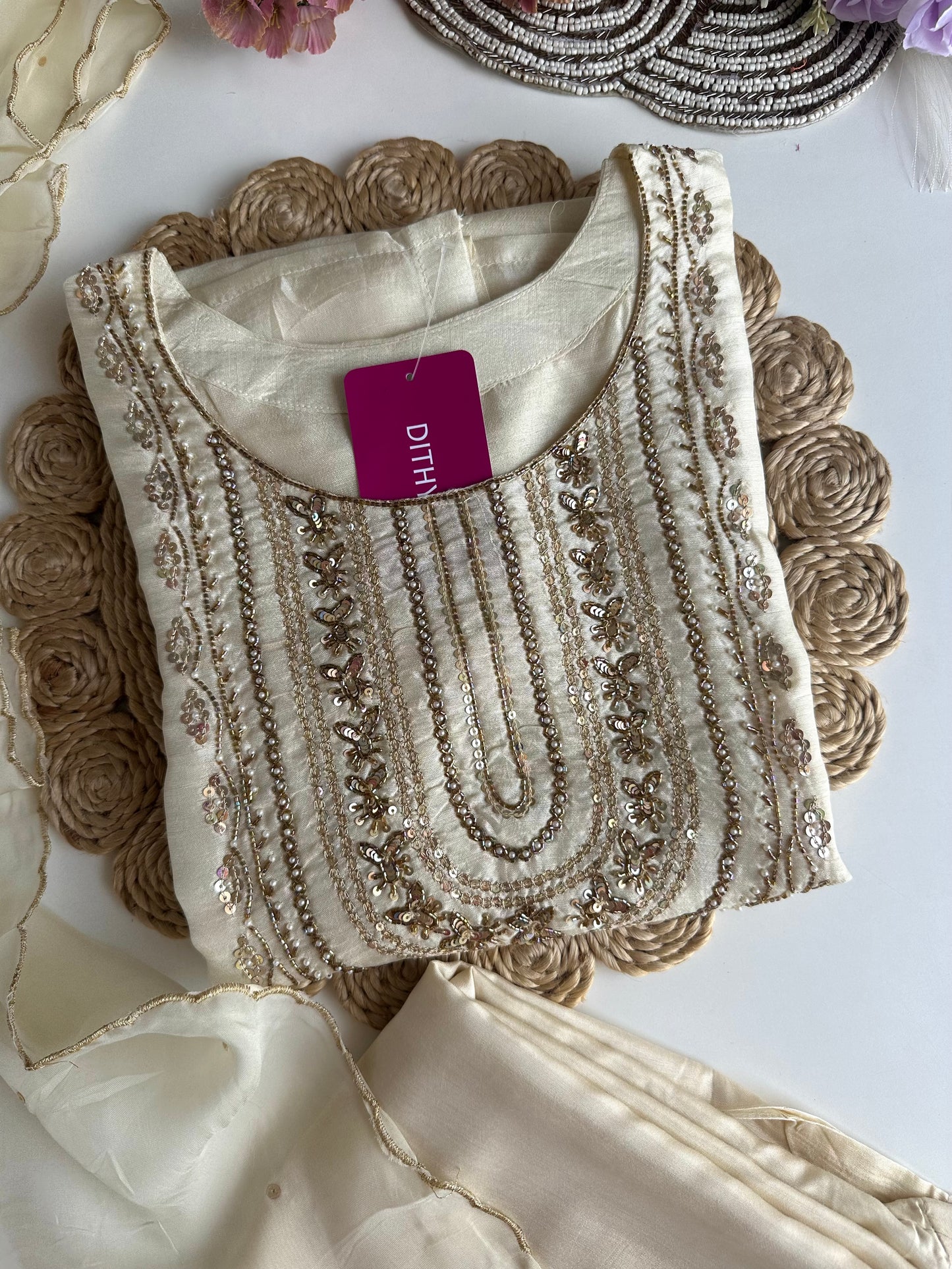 K188 - Russian silk handwork straight Kurti with pants and dupatta in 2 colours