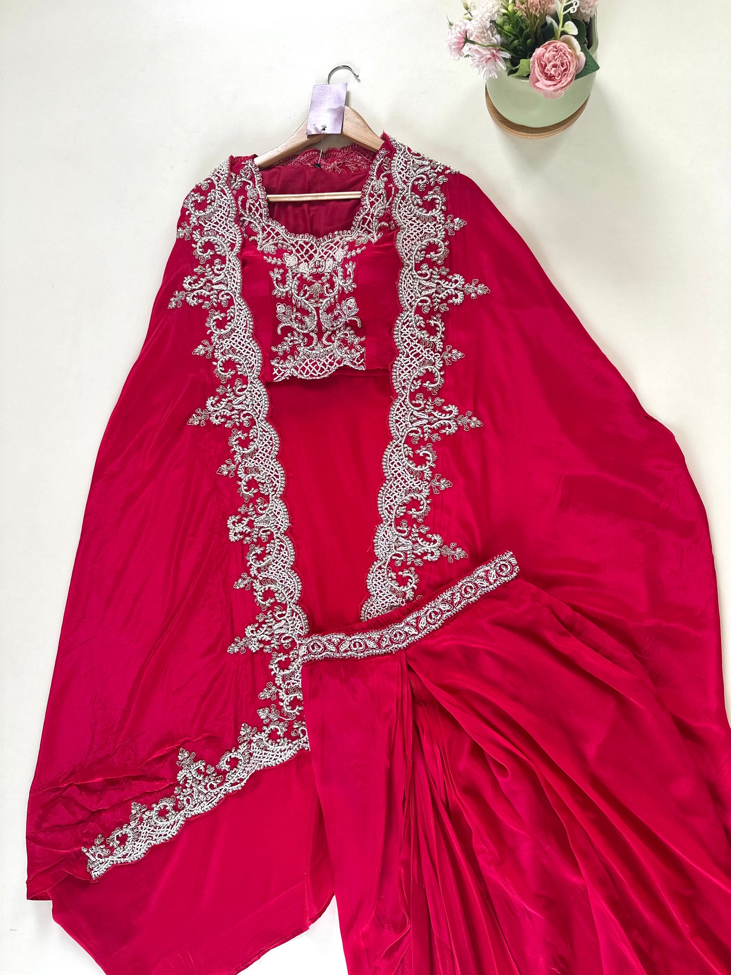 K184 - Heavy Handwork Pure Crape silk Crop top with Dhoti style skirt and cape.