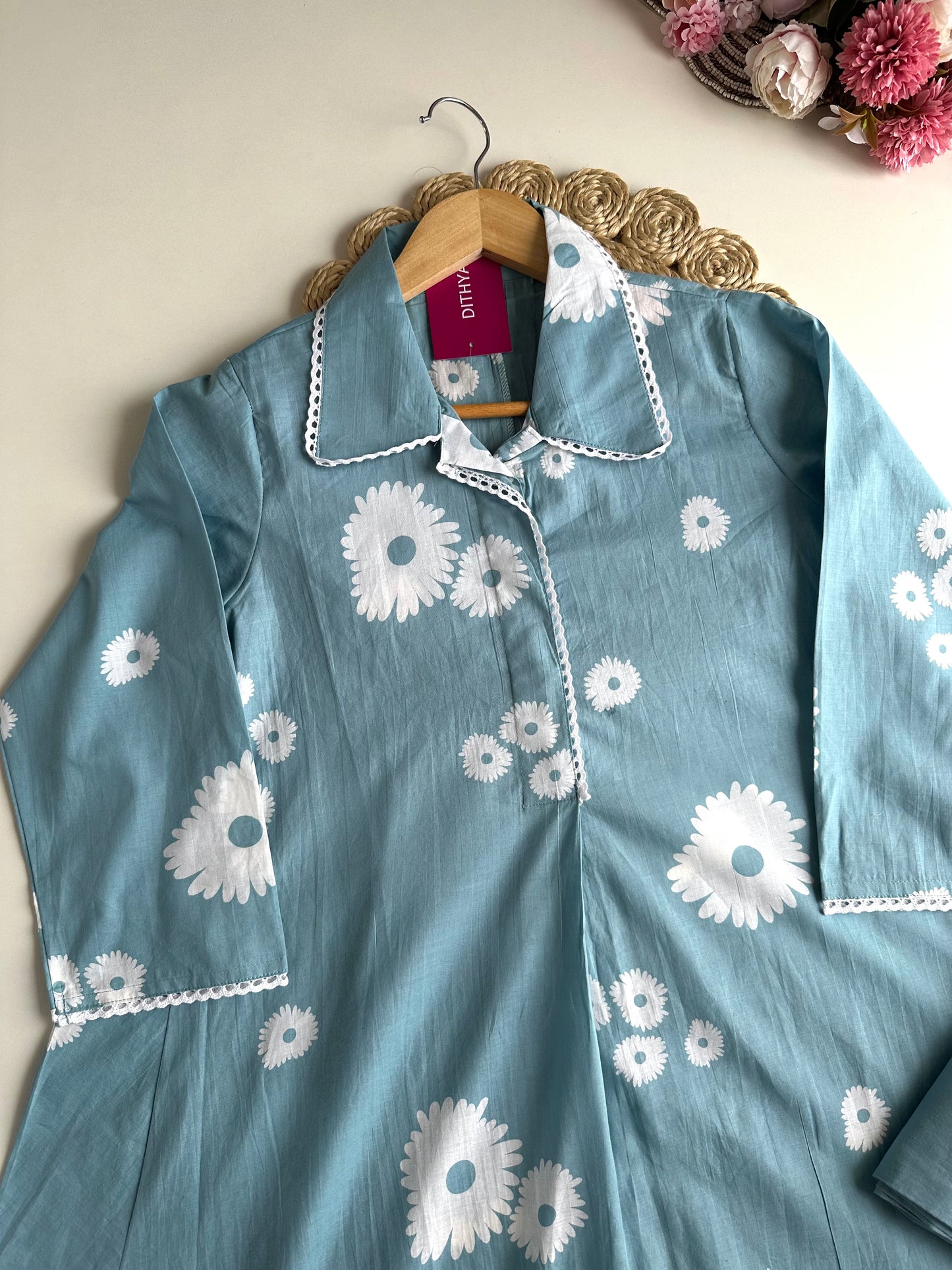 K217 - Cotton floral Aline Kurti with pants
