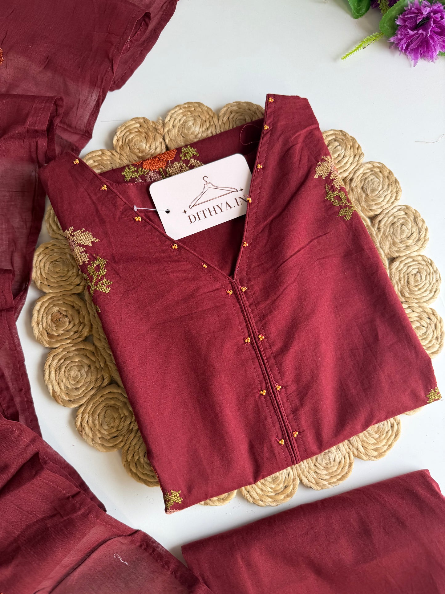 K210 - Mul cotton embroidered straight Kurti with pants and dupatta