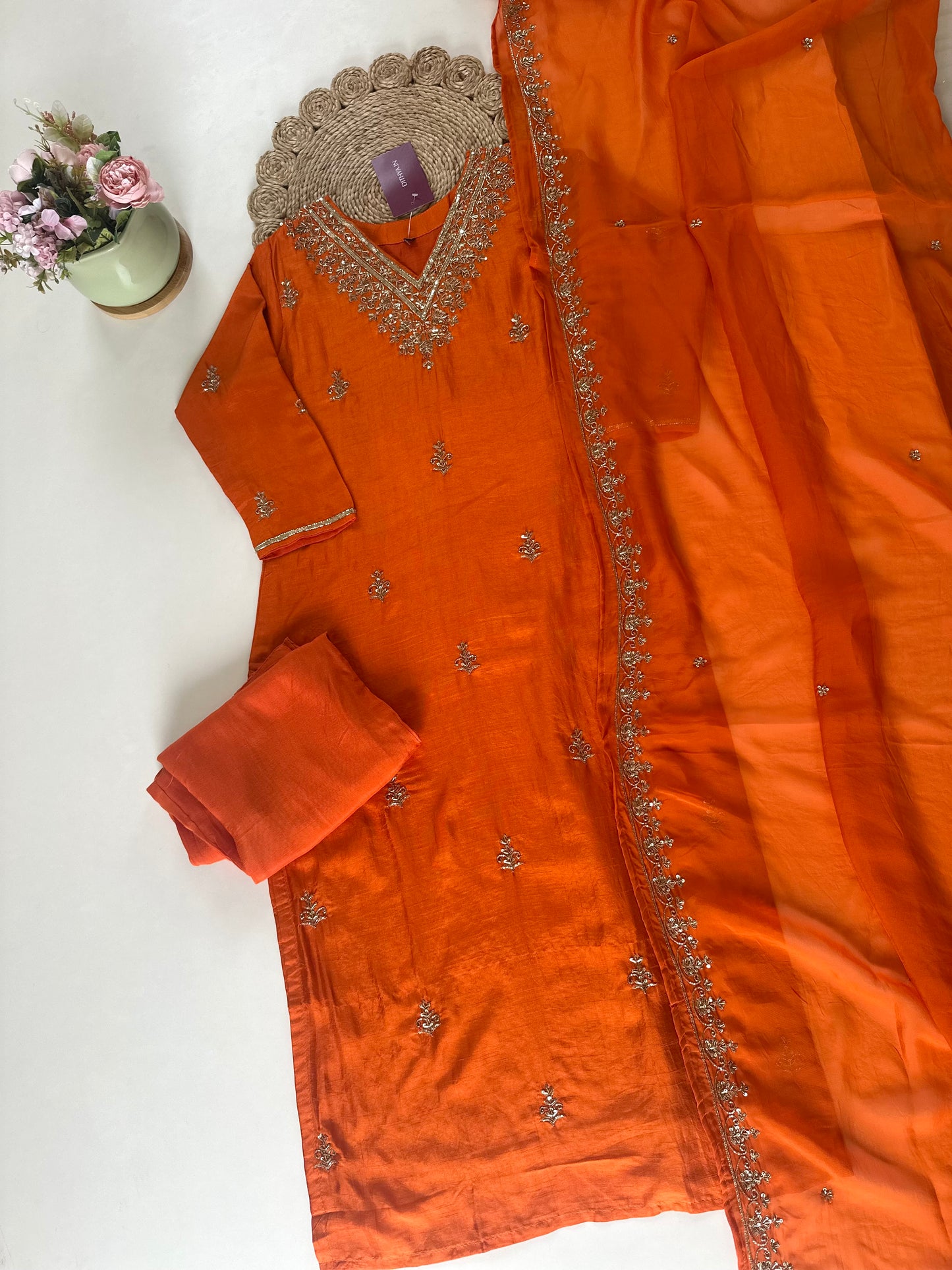 K304 - Handwork Russian silk Straight kurti with pants and dupatta .