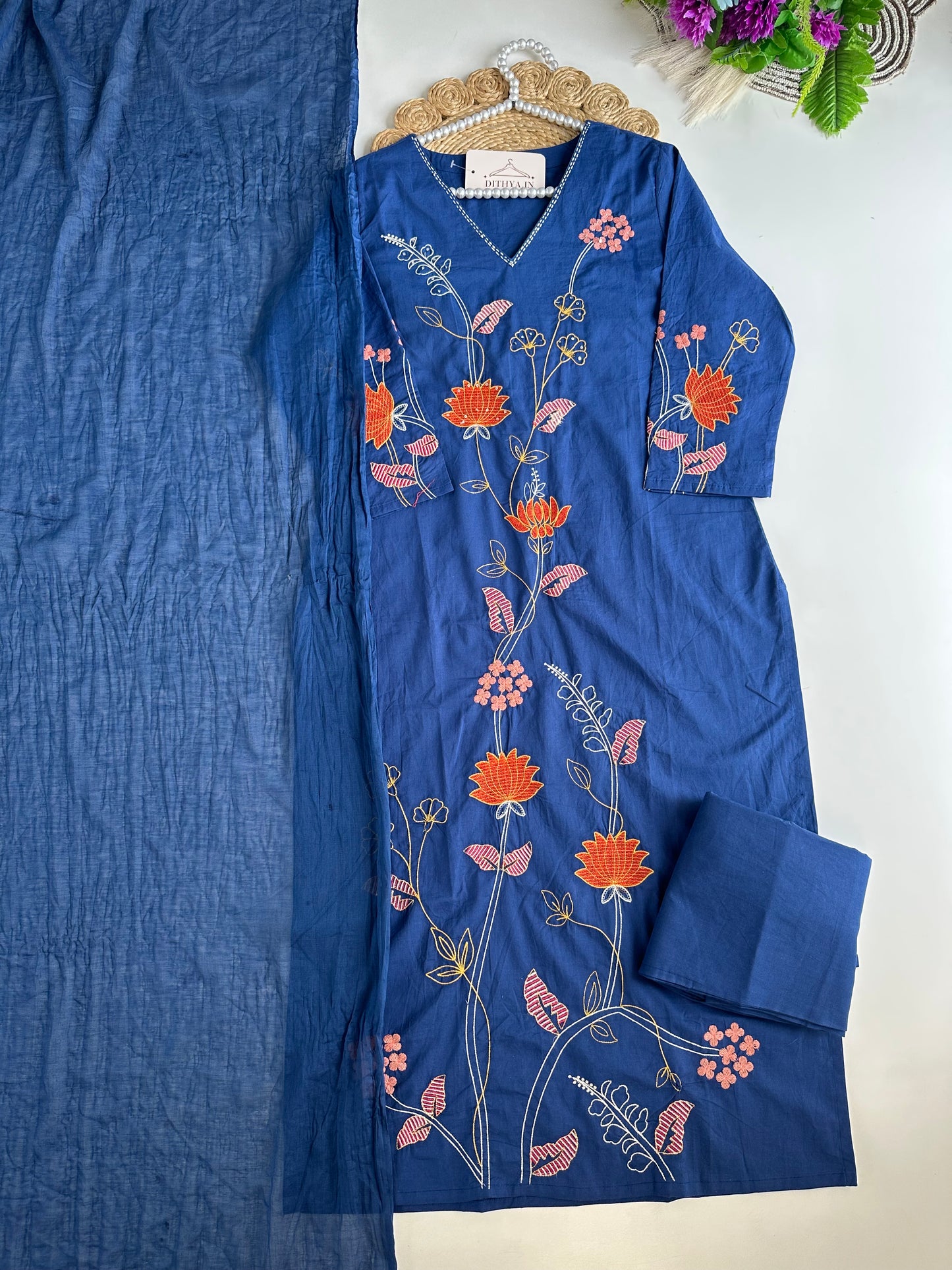 K592 - Cotton embroidered straight Kurti with pants and dupatta in 2 colours