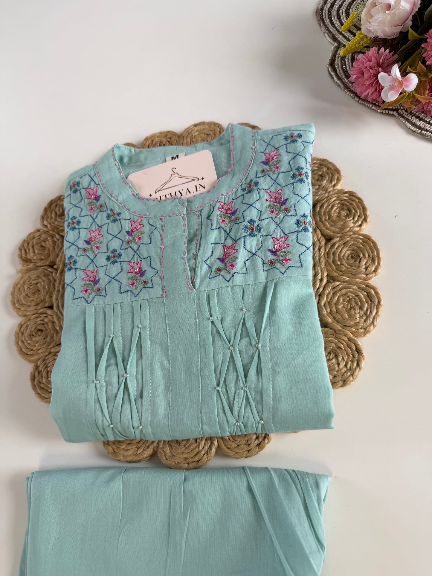 K621 - Mul cotton embroidered Aline Kurti with pants