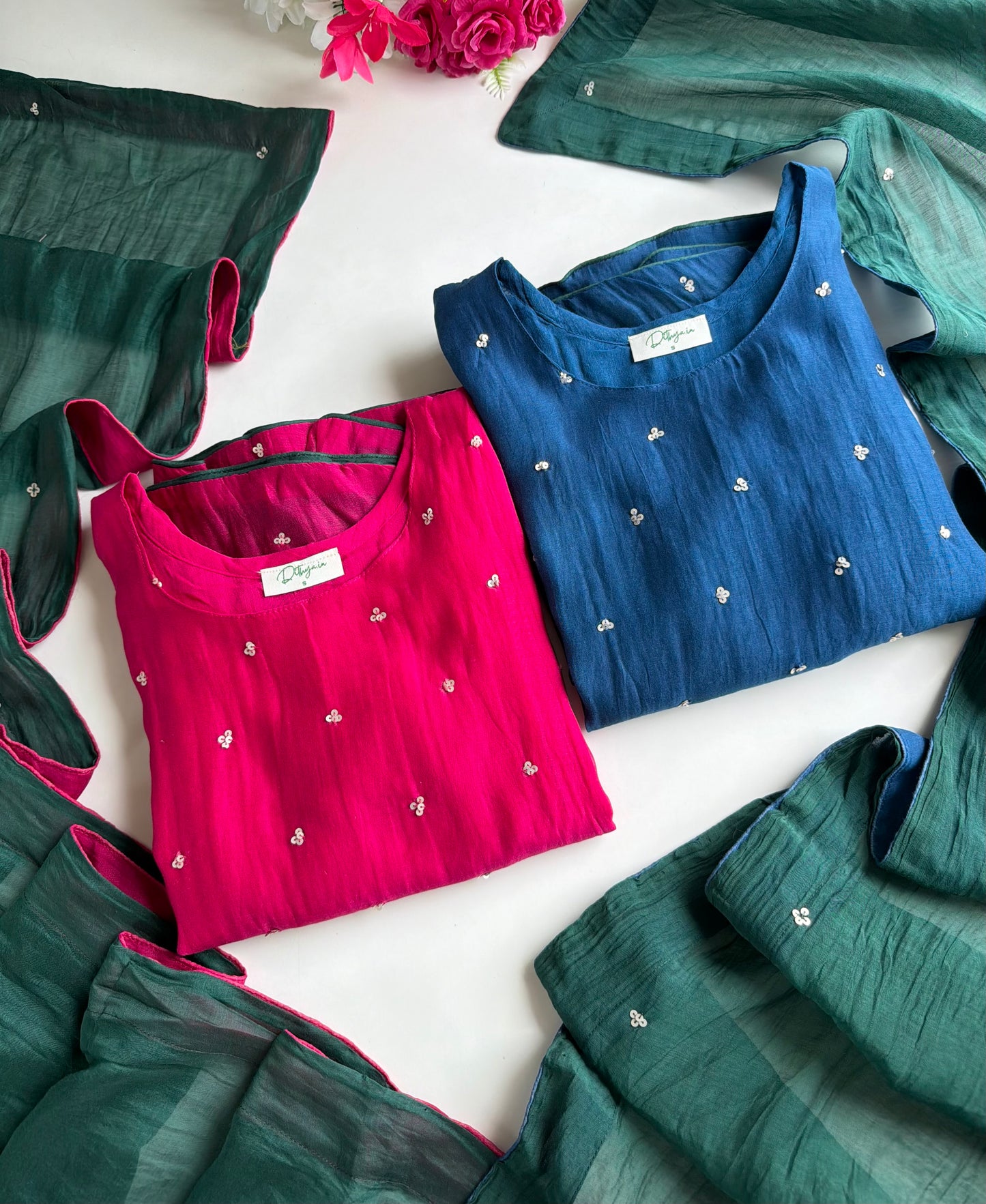 K345 - Mul chanderi handwork aline Kurti with pants and dupatta in 2 colours