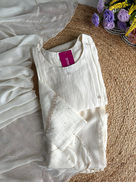 K380 - Mul Chanderi Handwork Aline Kurti with pants and dupatta