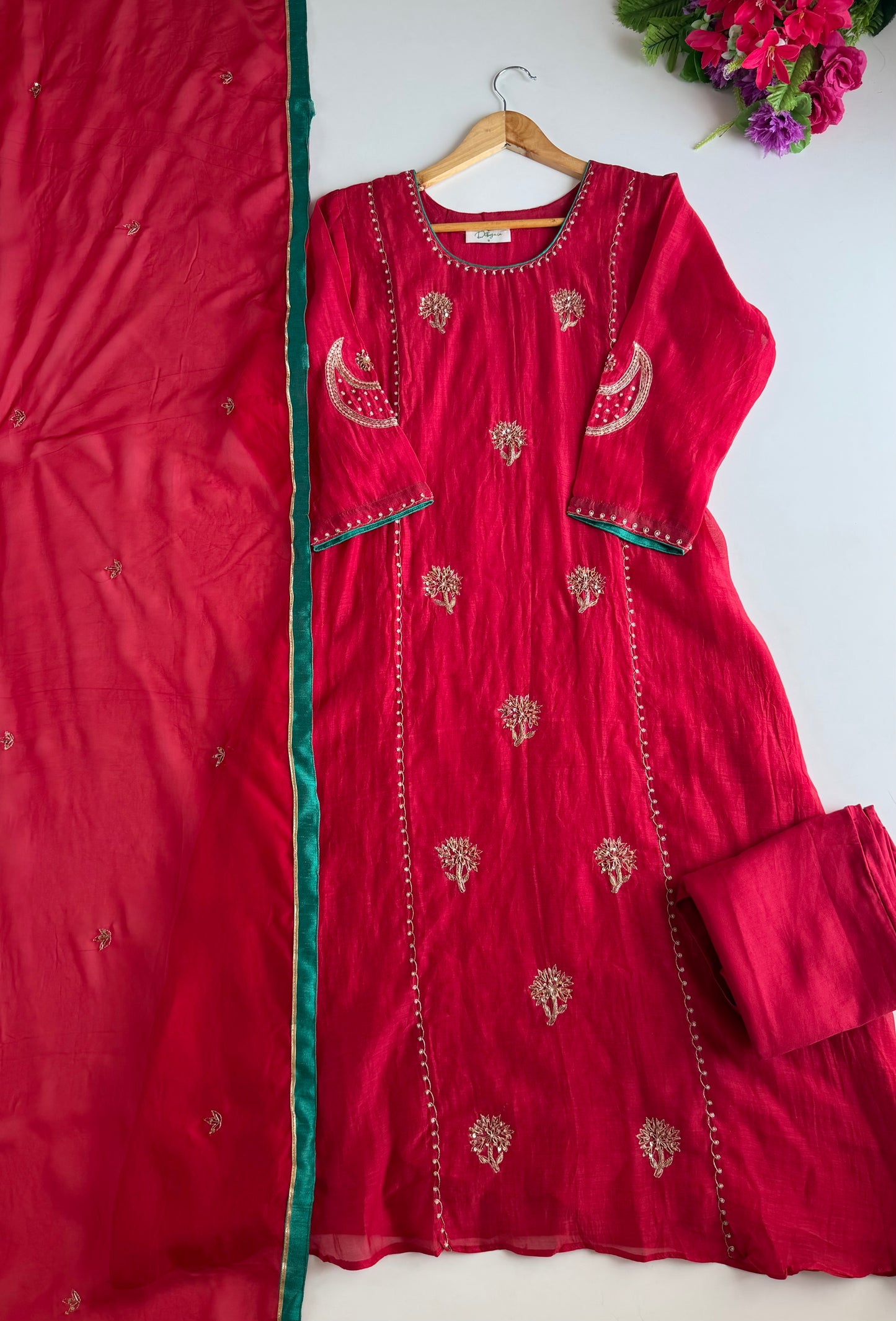 K050 - Mul chanderi handwork aline Kurti with pants and dupatta