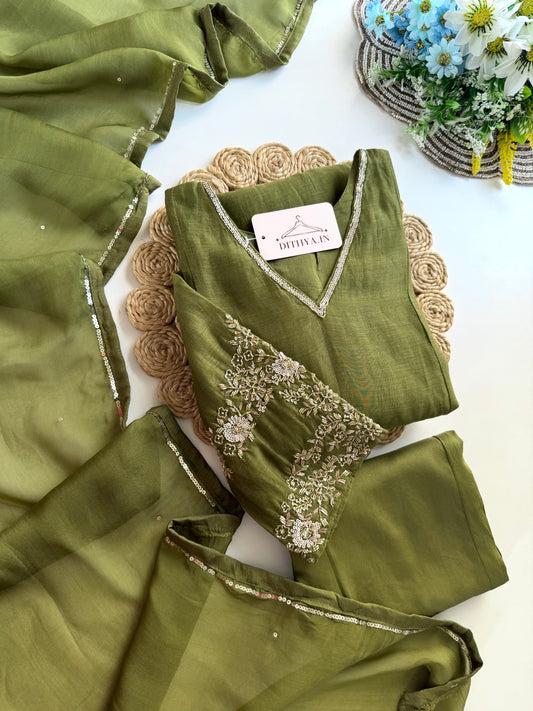 K179 - Mul chanderi handwork Aline Kurti with pants and dupatta