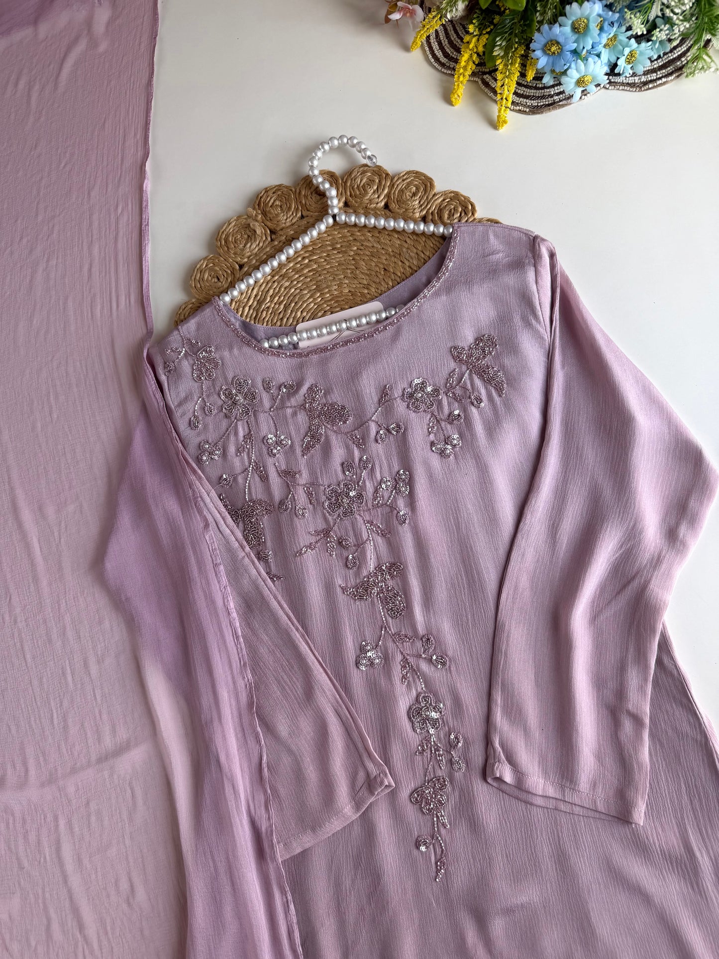 K456 - Pure Chinnon handwork aline Kurti with pants and dupatta