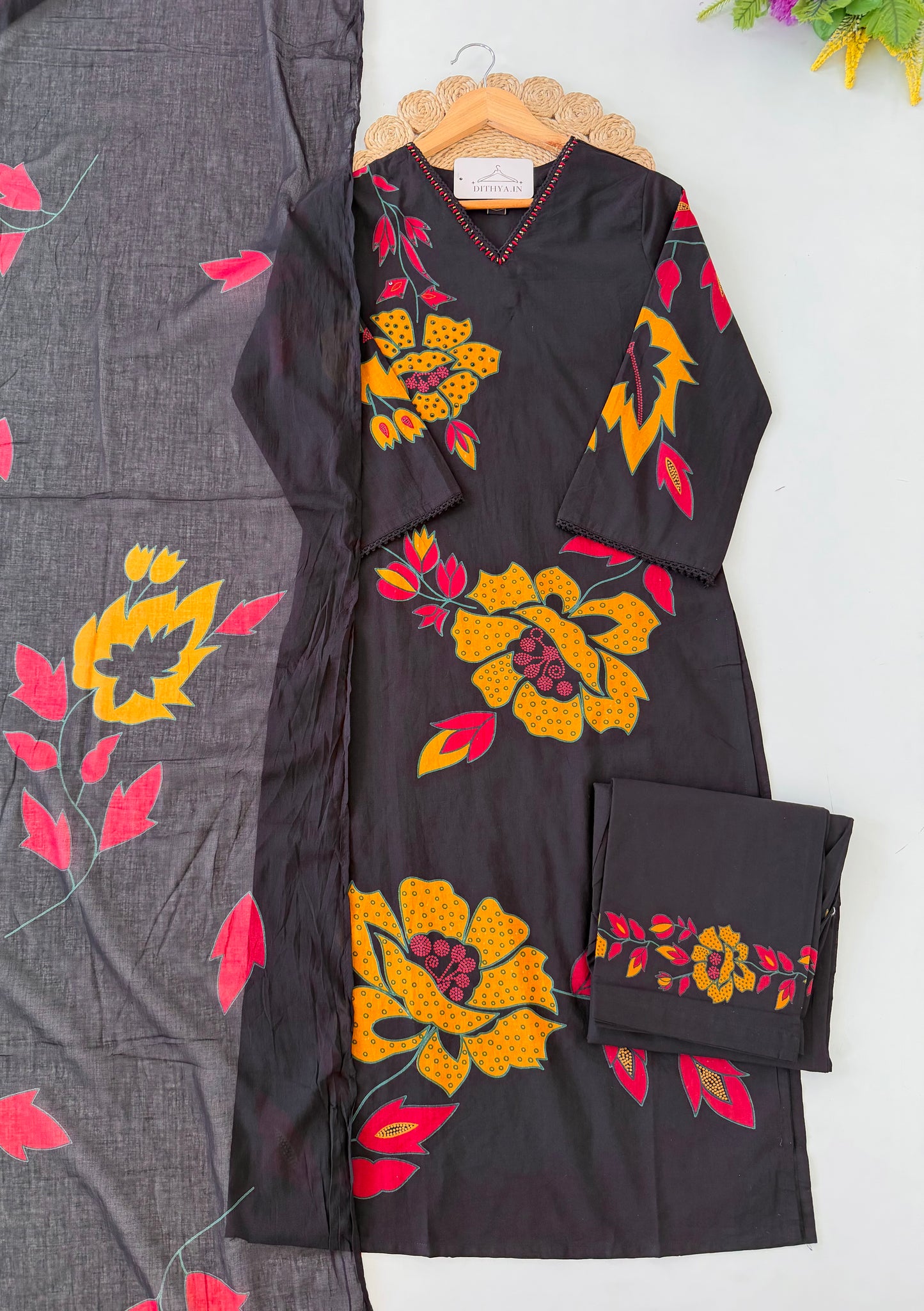 K415 - Mul cotton embroidered Aline Kurti with pants and dupatta