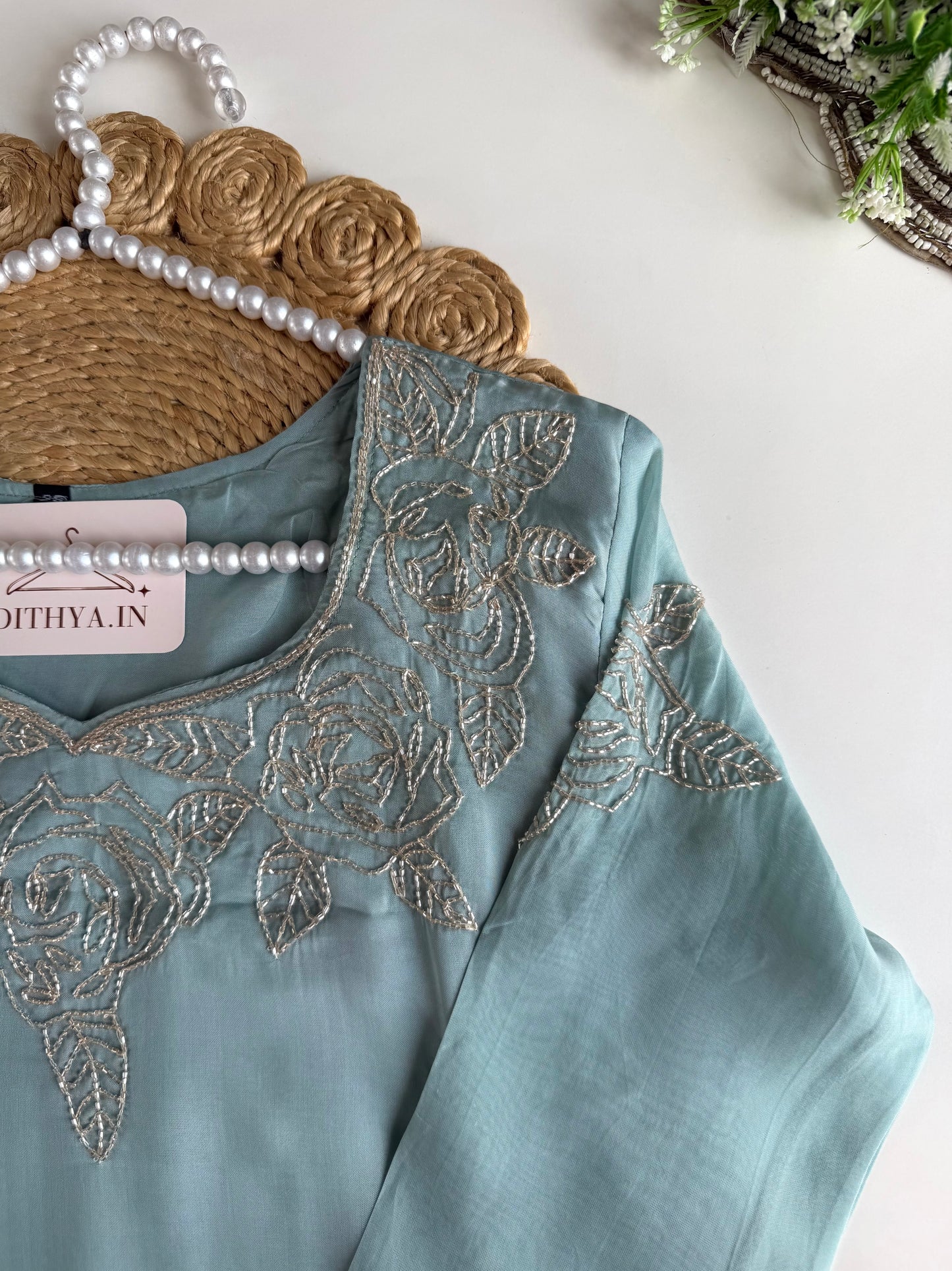 K425 - Soft viscose organza cutdhana work Aline Kurti with pants and dupatta