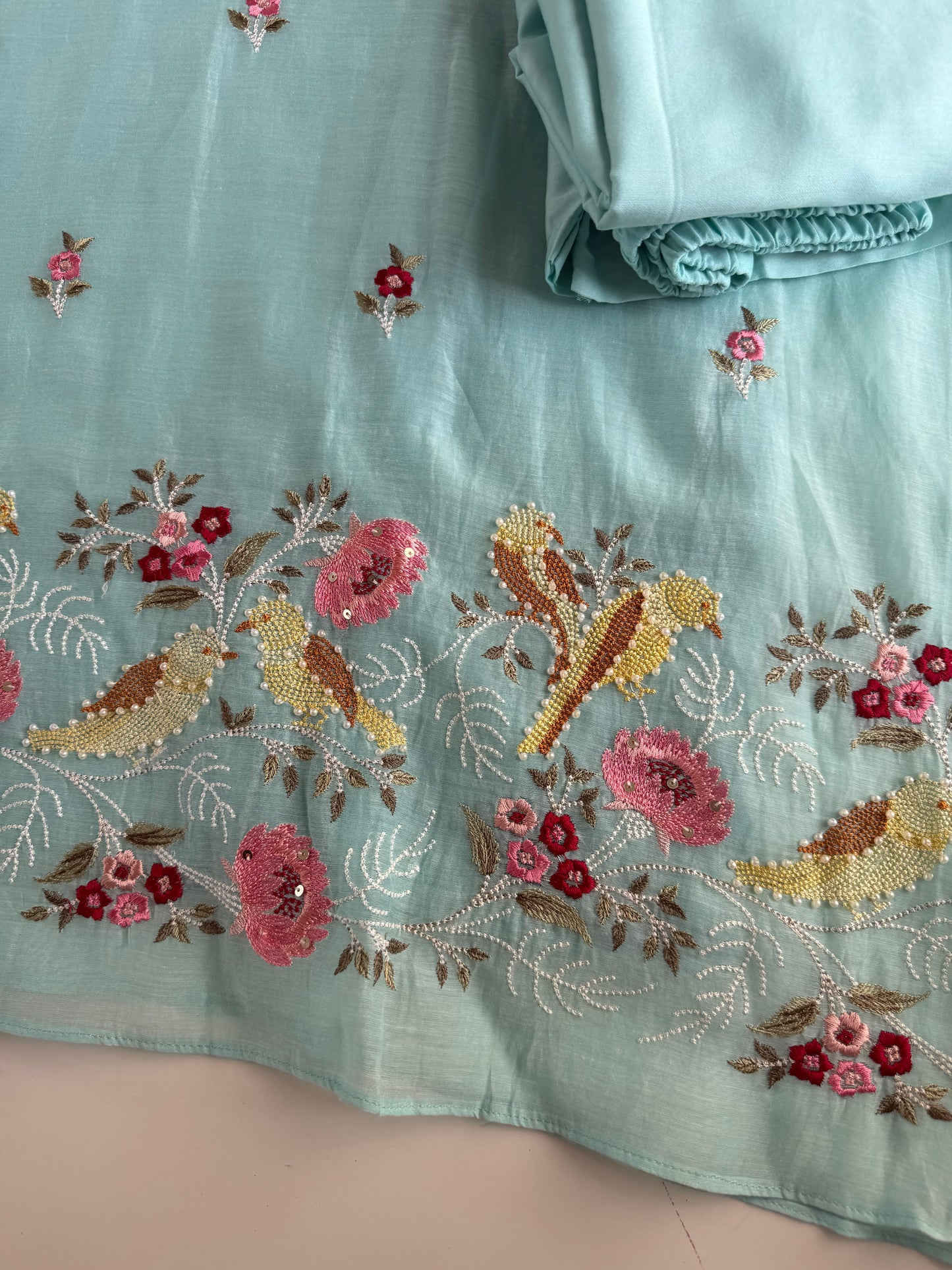 K631 - Mul chanderi intricate embroidery Aline Kurti with pants and dupatta