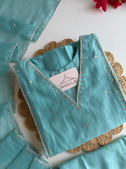K011 - Mul chanderi pearl work aline Kurti with pants and dupatta