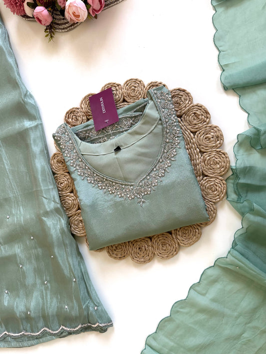 K069 - Tissue silk handwork straight Kurti with pants and dupatta