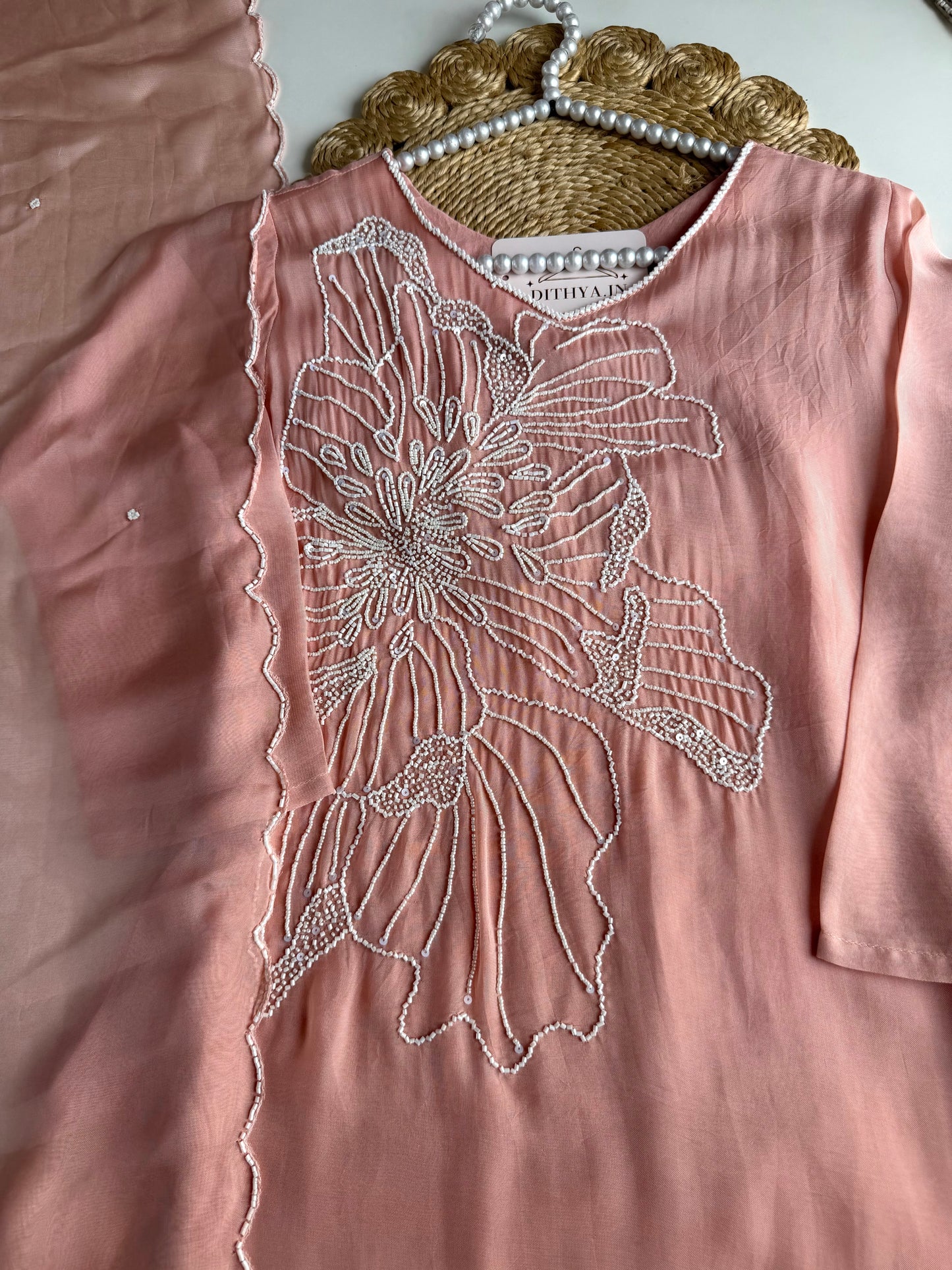 K525 - Pure Crape handwork Kurti with divider pants and dupatta