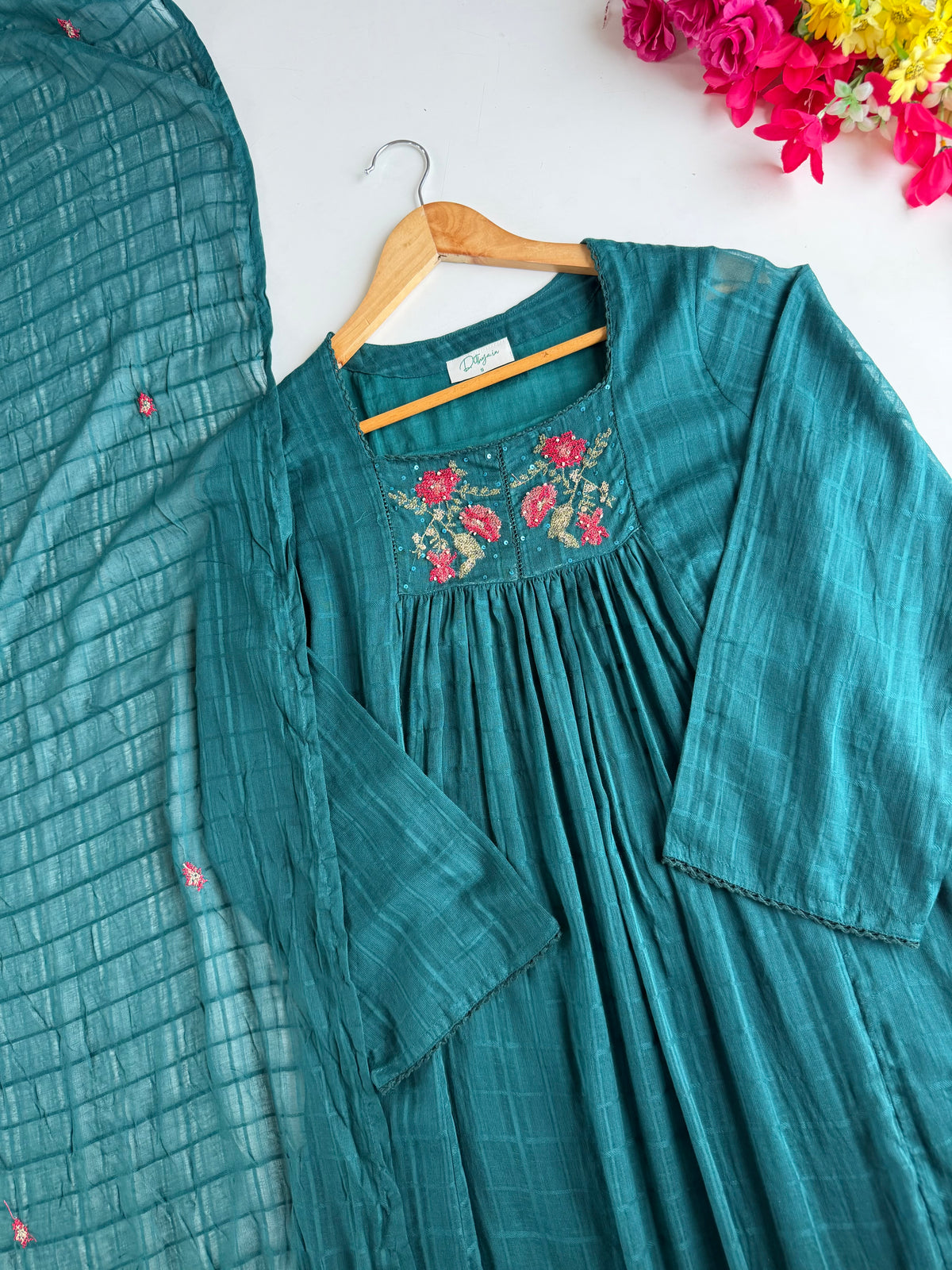 K086 - Kota doriya embroidered Anarkali with pants and dupatta