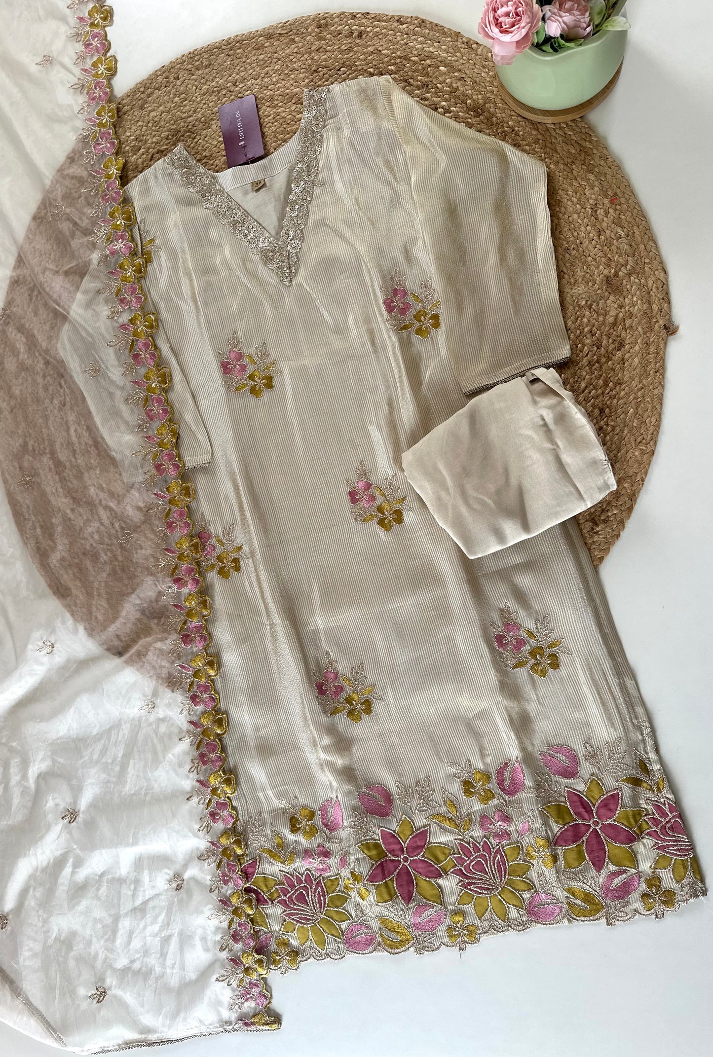 K341 - Shimmer Tissue silk V neck straight kurti with pants and organza dupatta.