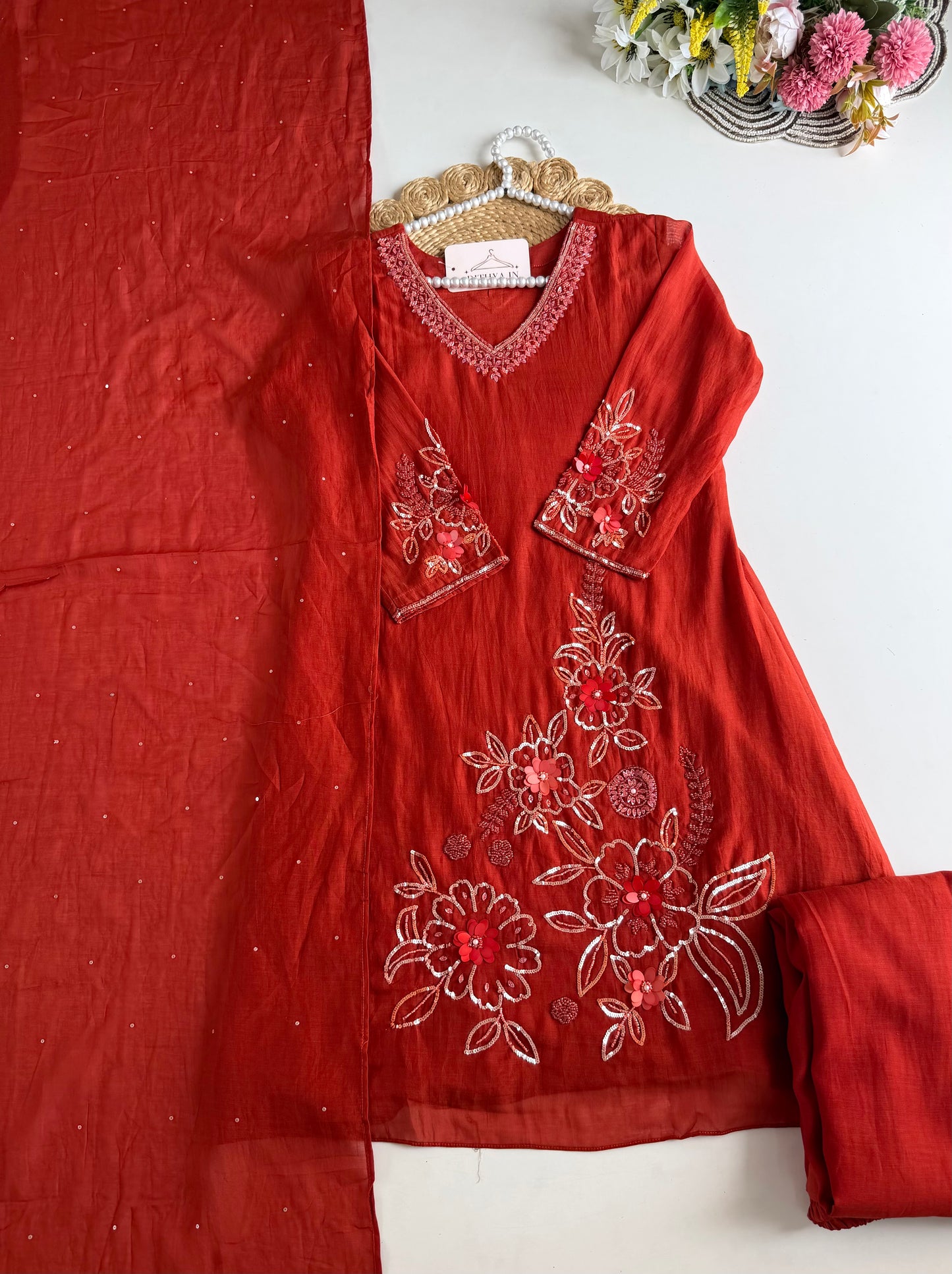 K173 - Mul chanderi handwork short Kurti with palazzo and dupatta