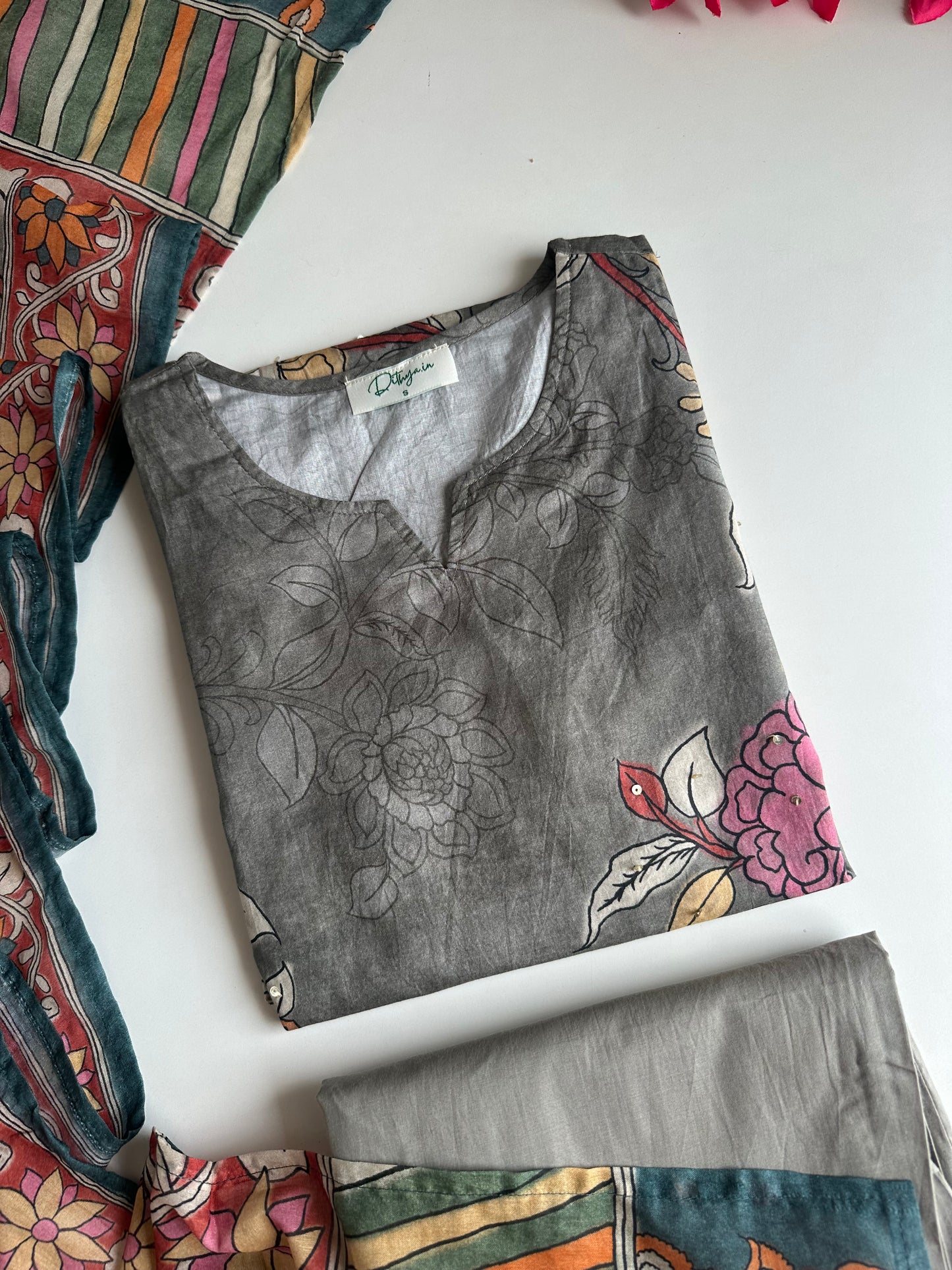 K403 - Mul cotton printed straight Kurti with pants and dupatta