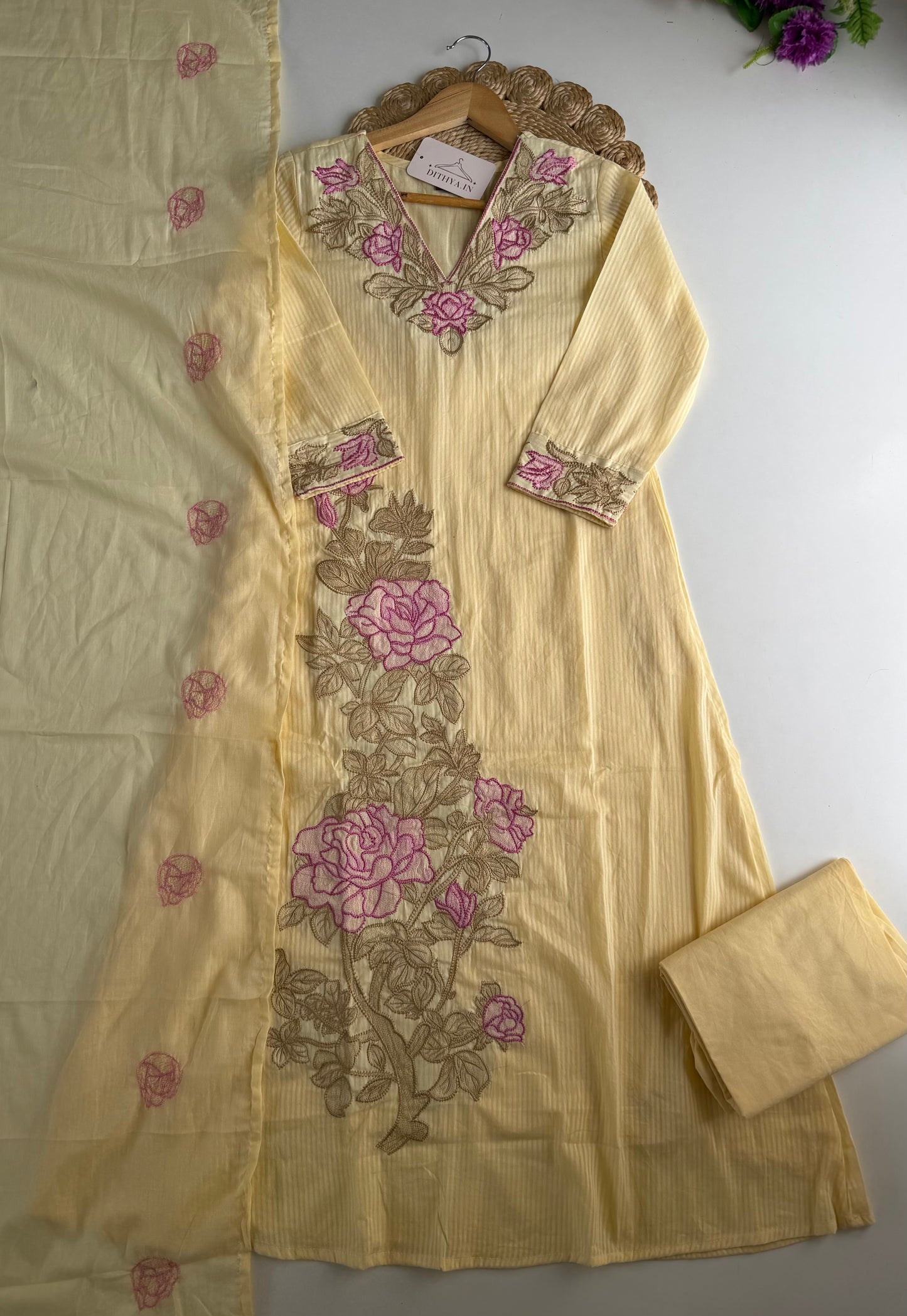 K109 - Self Mul cotton embroidered Aline Kurti with pants and dupatta