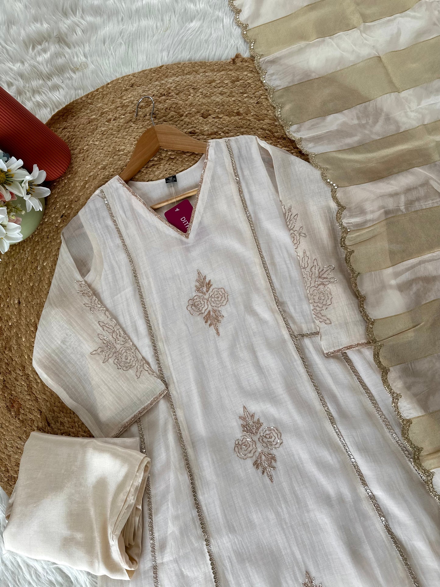 K259 - Mul Chanderi pita work Aline Kurti with pants and dupatta