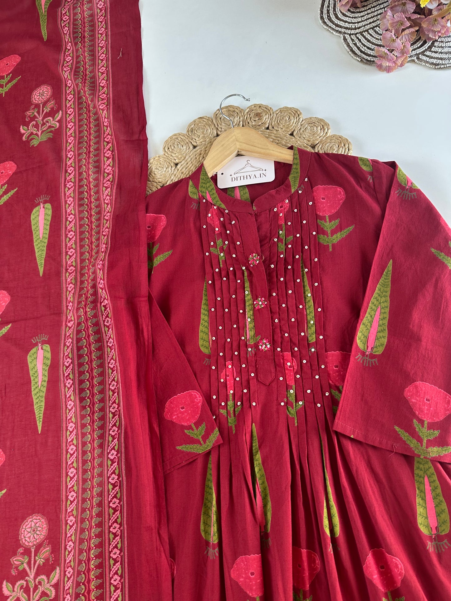 K693 - Mul cotton embroidered Aline Kurti with pants and dupatta