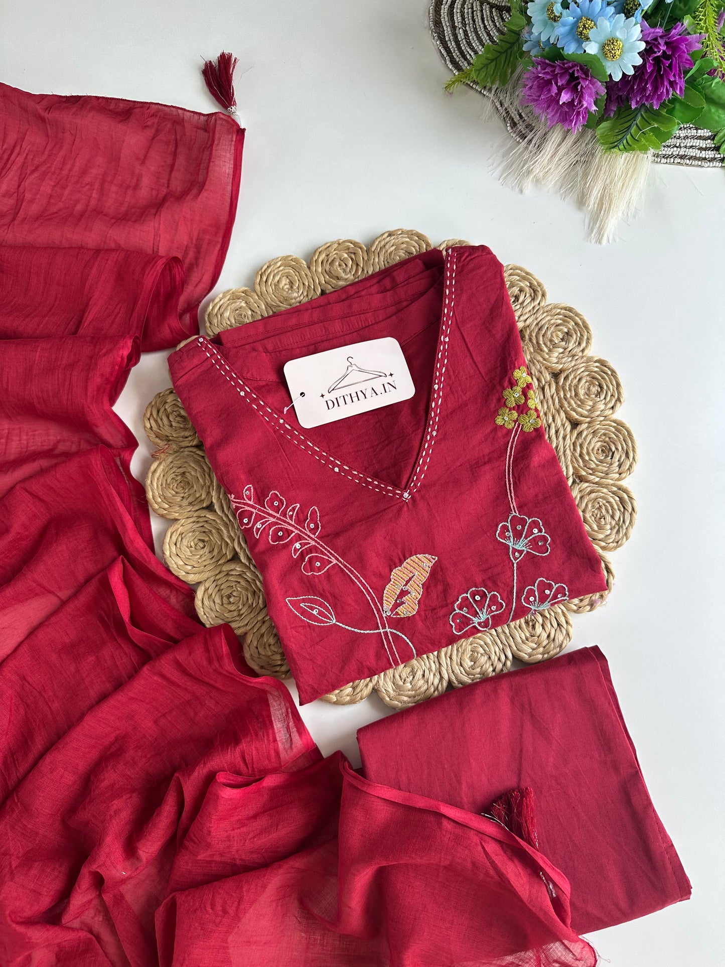 K592 - Cotton embroidered straight Kurti with pants and dupatta in 2 colours