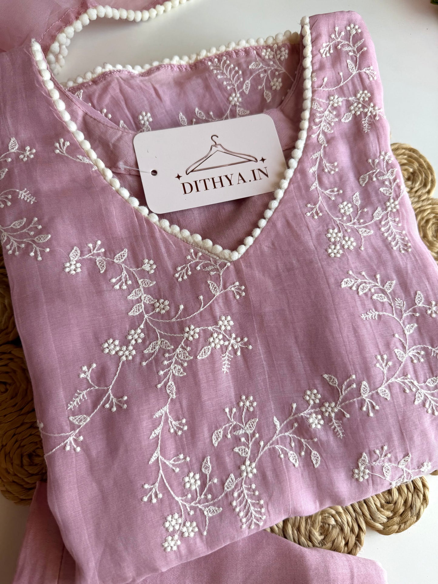 K464 - Mul chanderi embroidered Anarkali with pants and dupatta