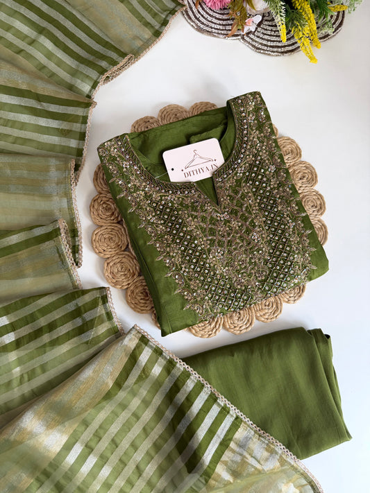 K675 - Russian silk handwork aline kurti with pants and dupatta