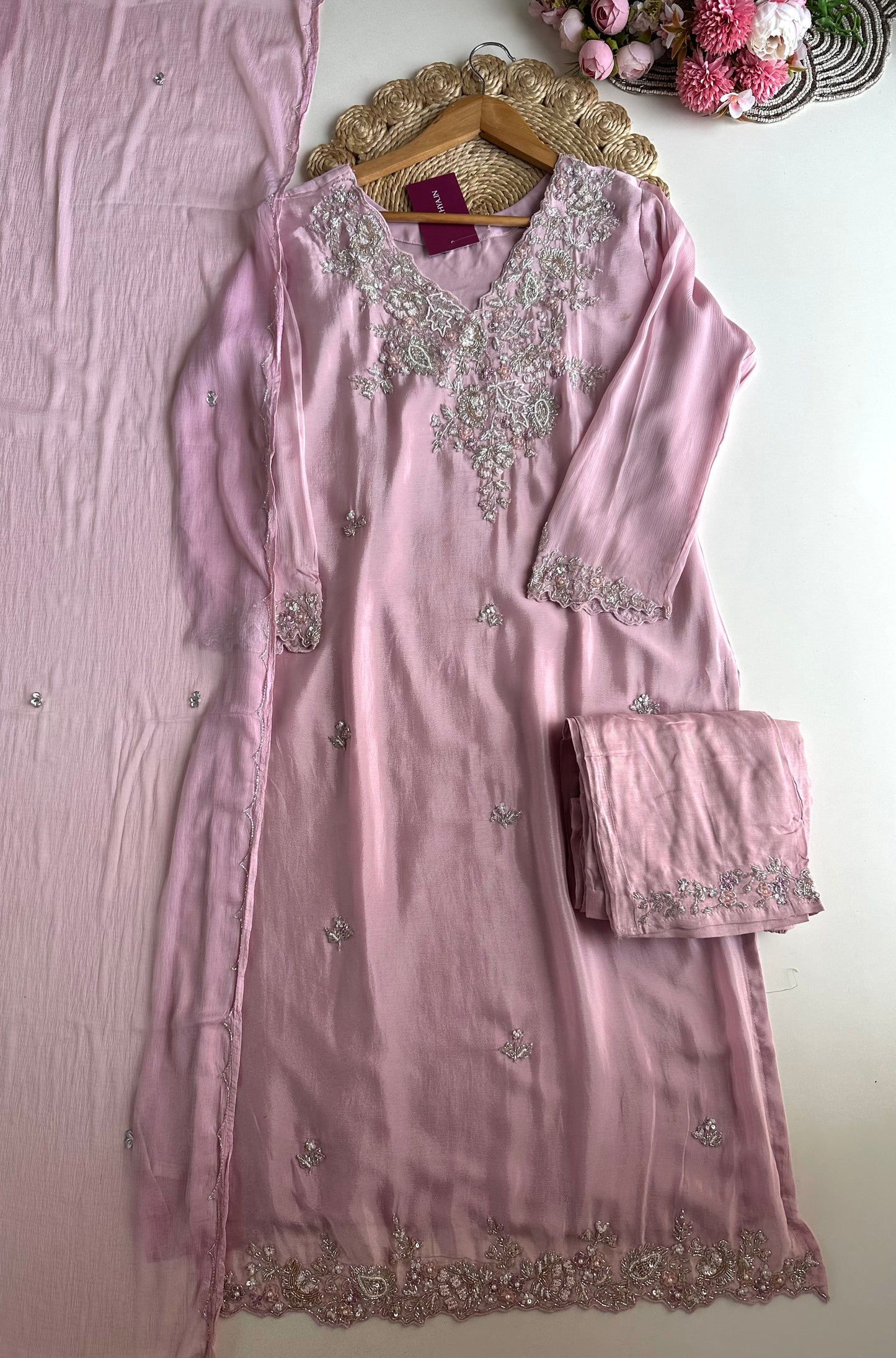 K346 - Chinnon heavy handwork Kurti with palazzo and dupatta