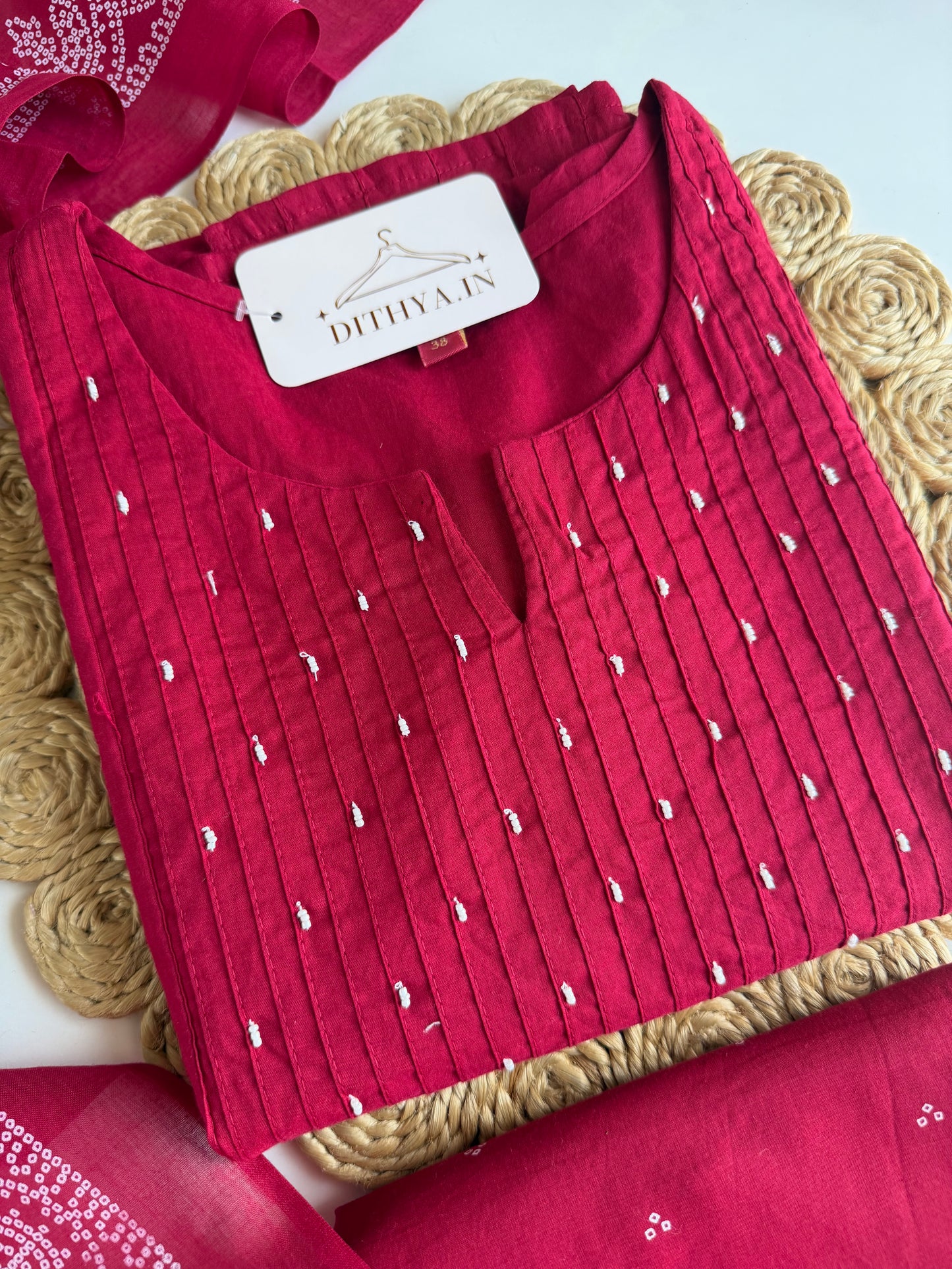 K711 - Mul cotton embroidered straight Kurti with pants and dupatta