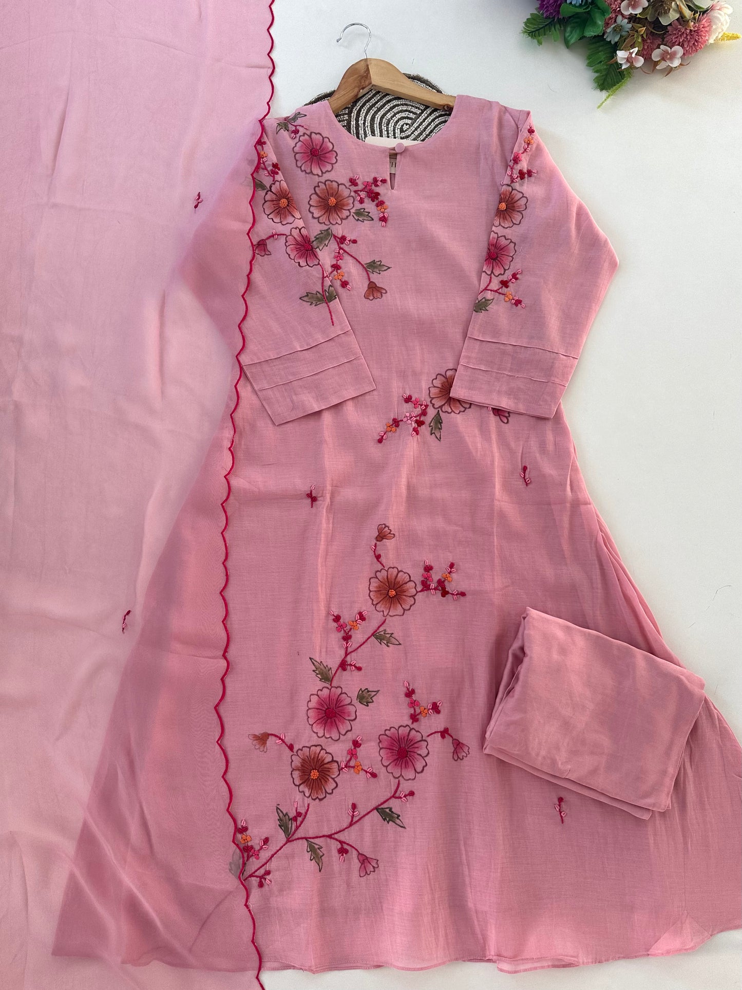 K380 - Mul chanderi hand painted and embroidered aline Kurti with pants and dupatta