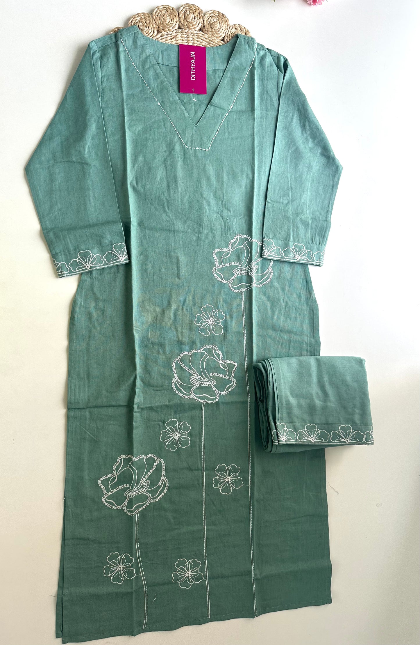 K438 - Linen cotton embroidered Aline Kurti with pants in 2 colours