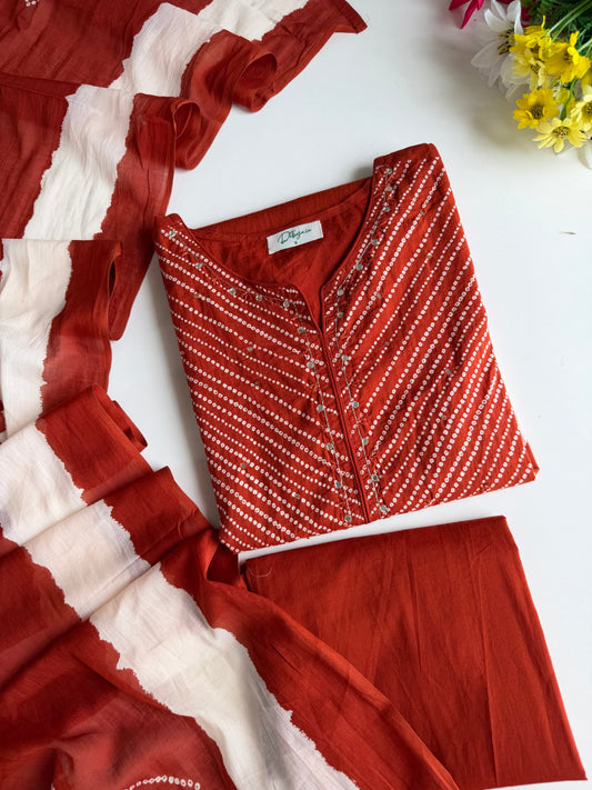 K363 - Mul cotton printed embroidered Aline Kurti with pants and dupatta