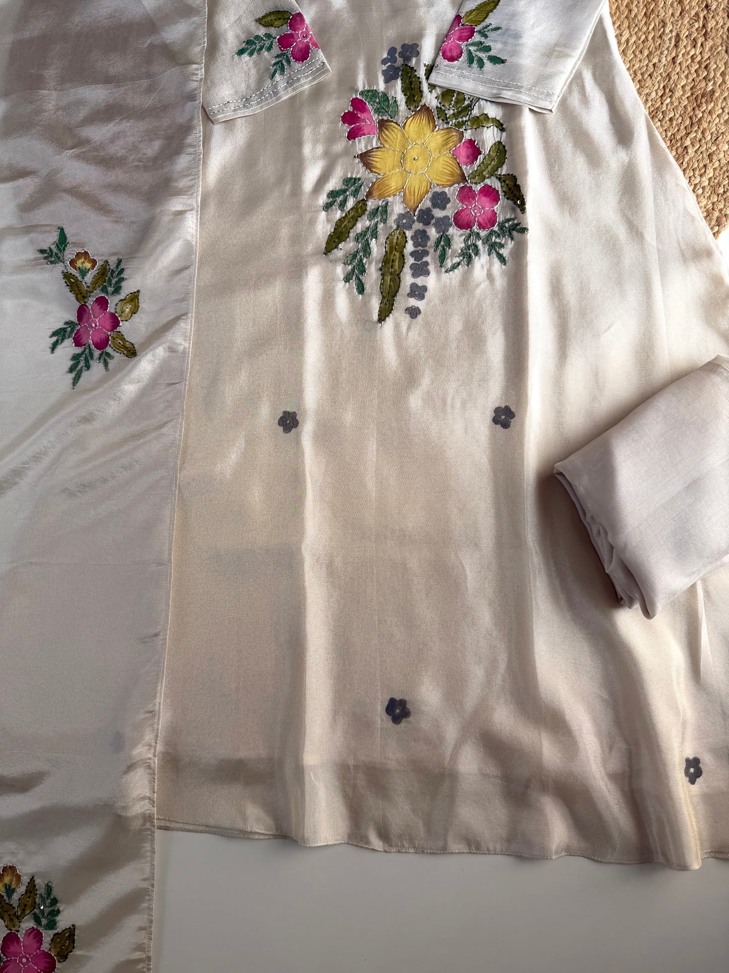 K543 - Tissue silk handwork Aline Kurti with pants and dupatta