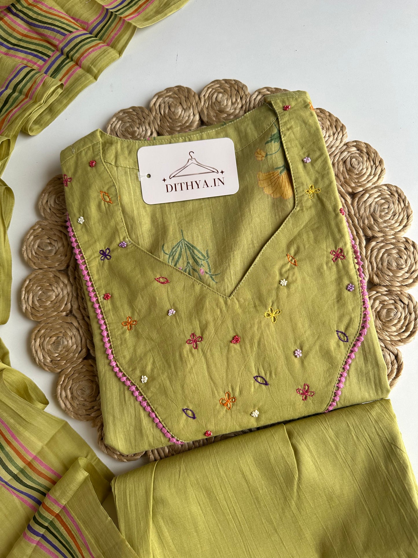 K270 - Mul cotton embroidered straight Kurti with pants and dupatta