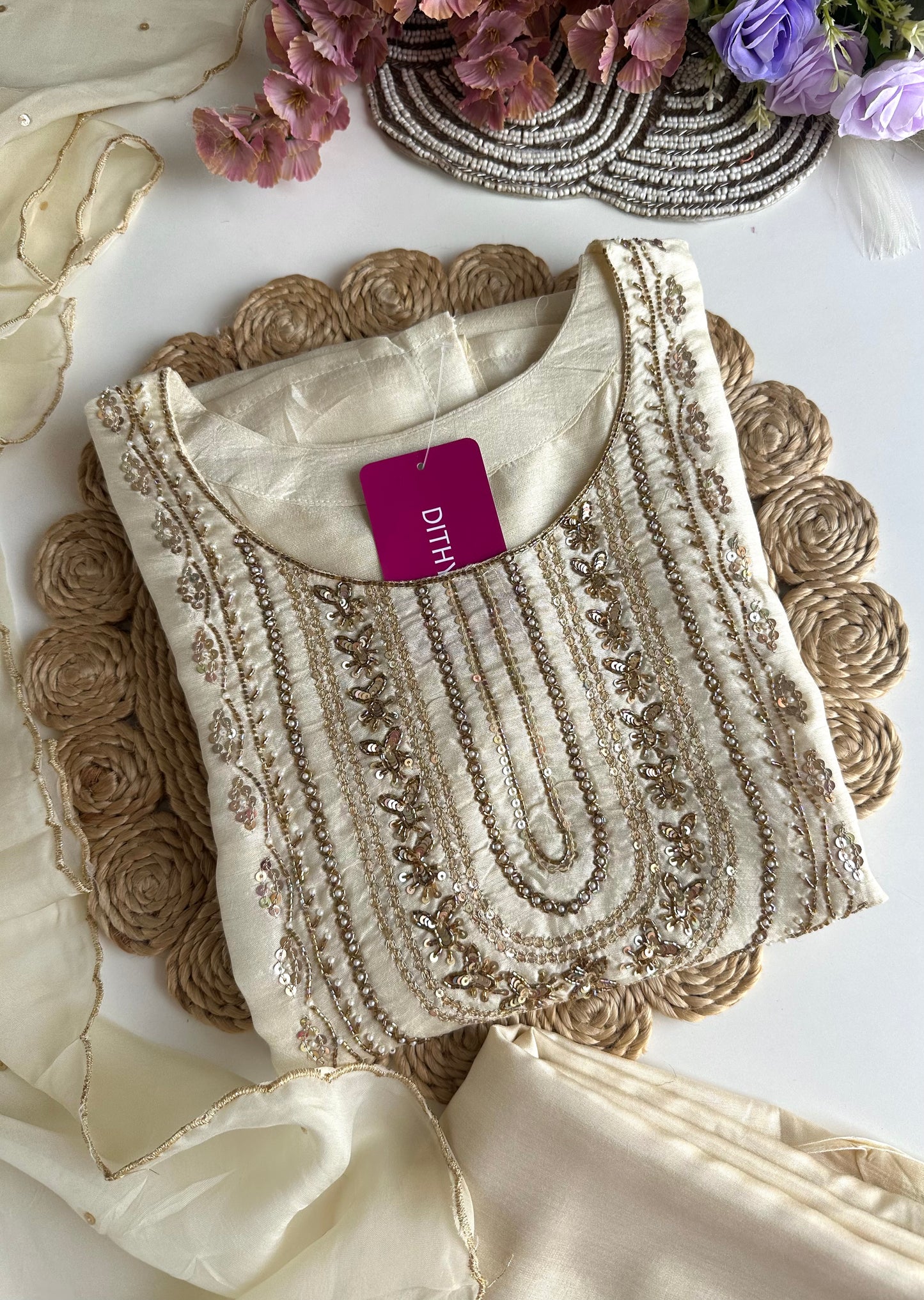K188 - Russian silk handwork straight Kurti with pants and dupatta in 2 colours