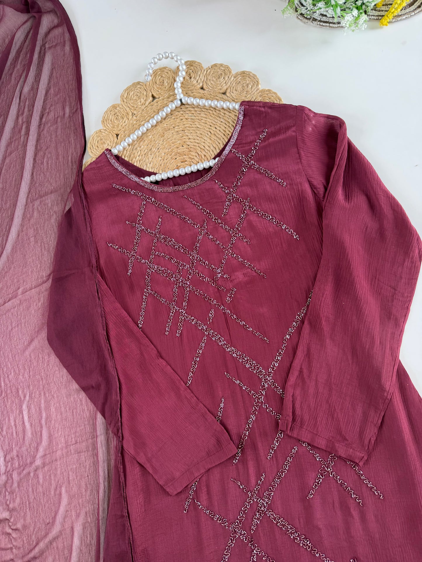 K488 - Chinnon handwork aline Kurti with pants and dupatta