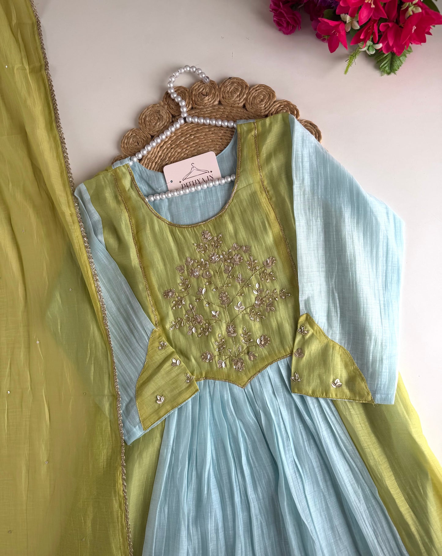 K704 - Mul chanderi handwork Anarkali with pants and dupatta