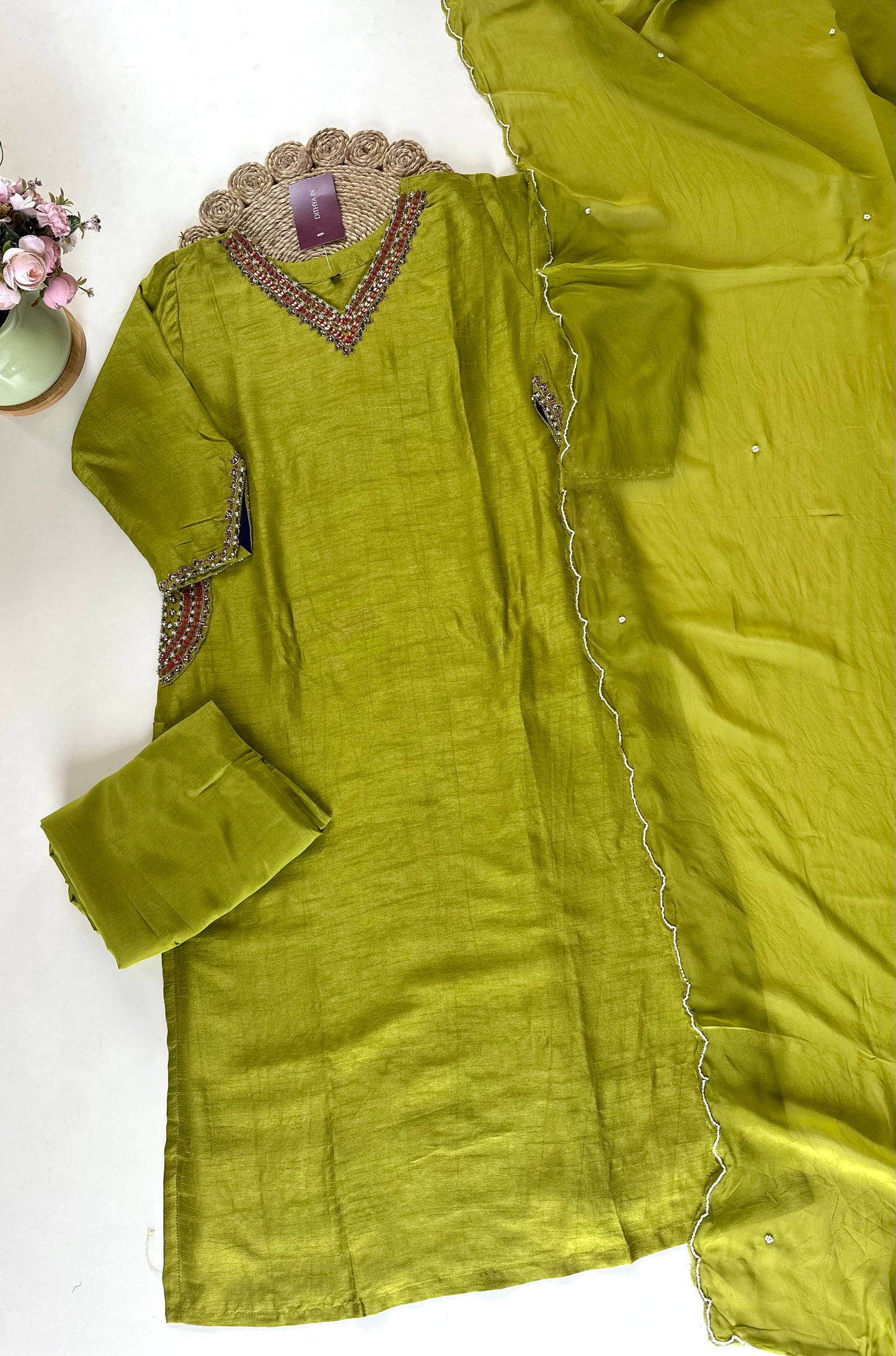 K133 - Russian silk handwork straight kurti with pants and dupatta in 2 colours .